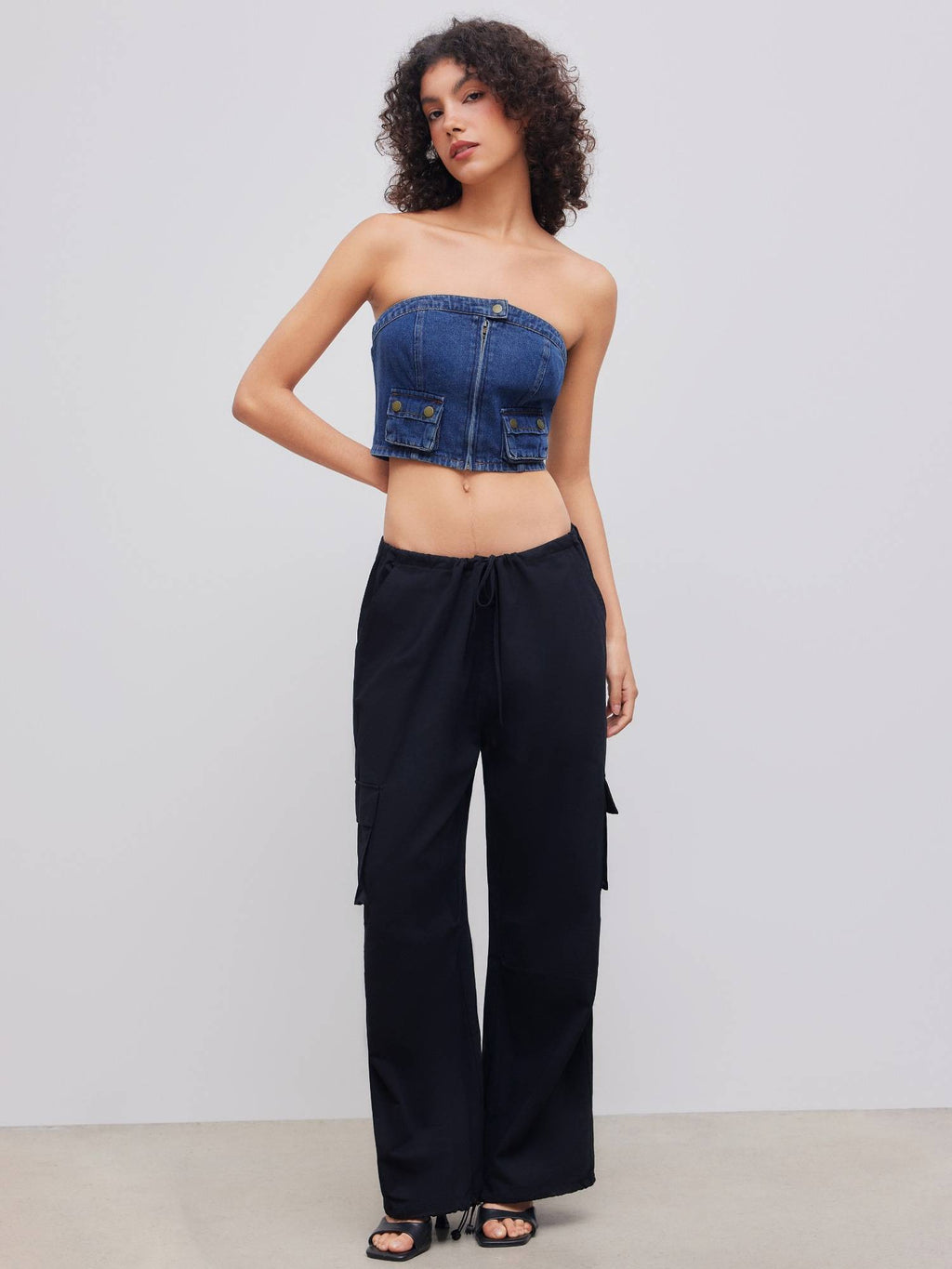 Denim Solid Button Cargo Crop Tube Top | TT90 - view 2