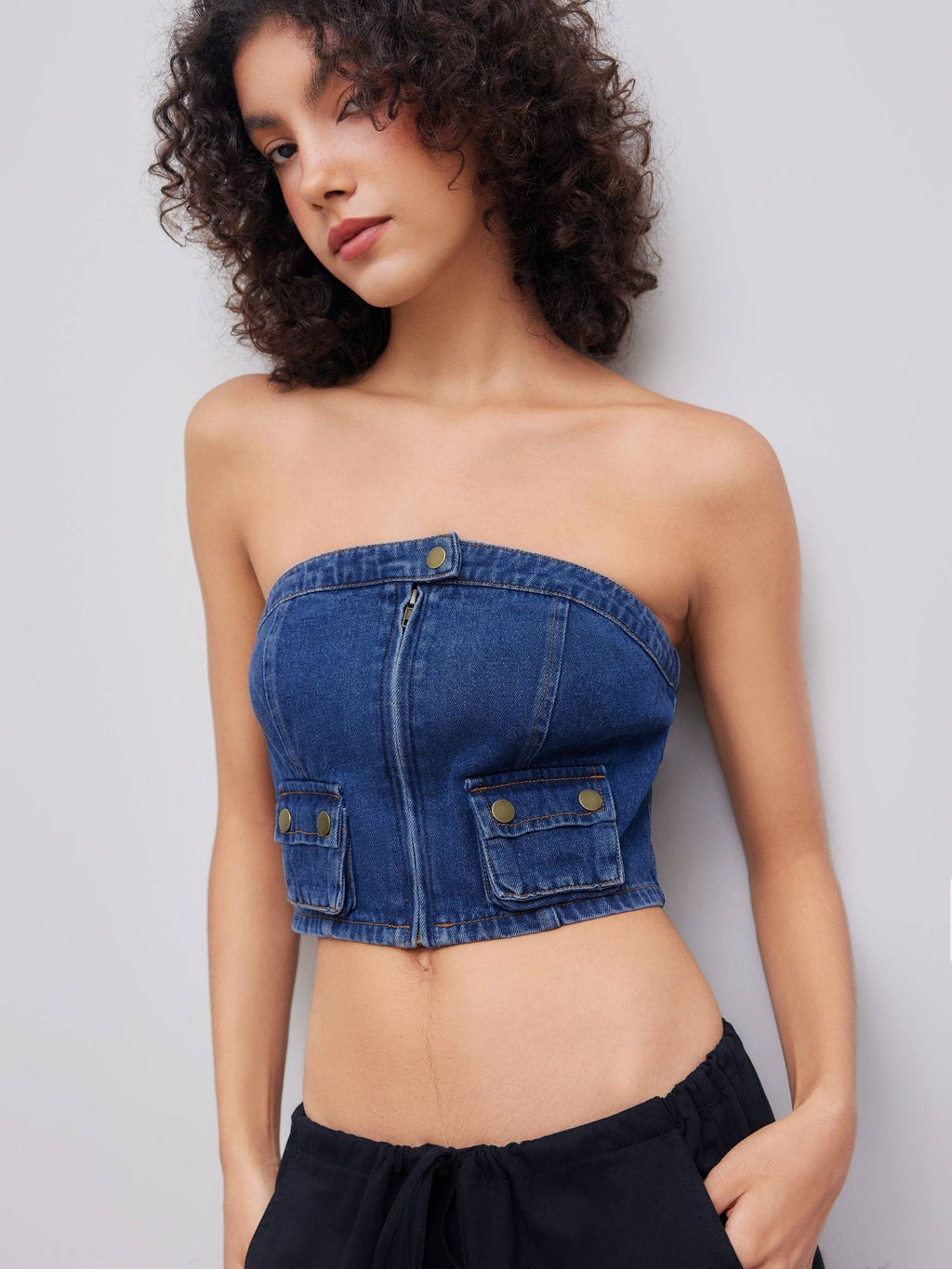 Denim Solid Button Cargo Crop Tube Top | TT90 - view 6
