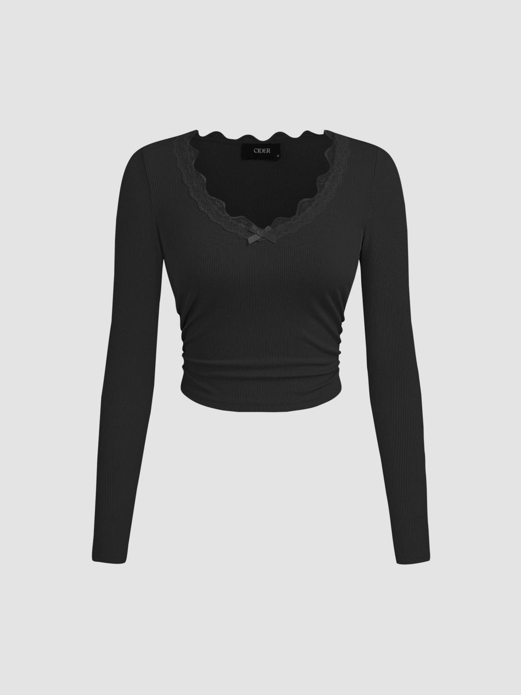 V-neck Solid Bowknot Lace Ruched Long Sleeve Crop Top | CT61 - view 1