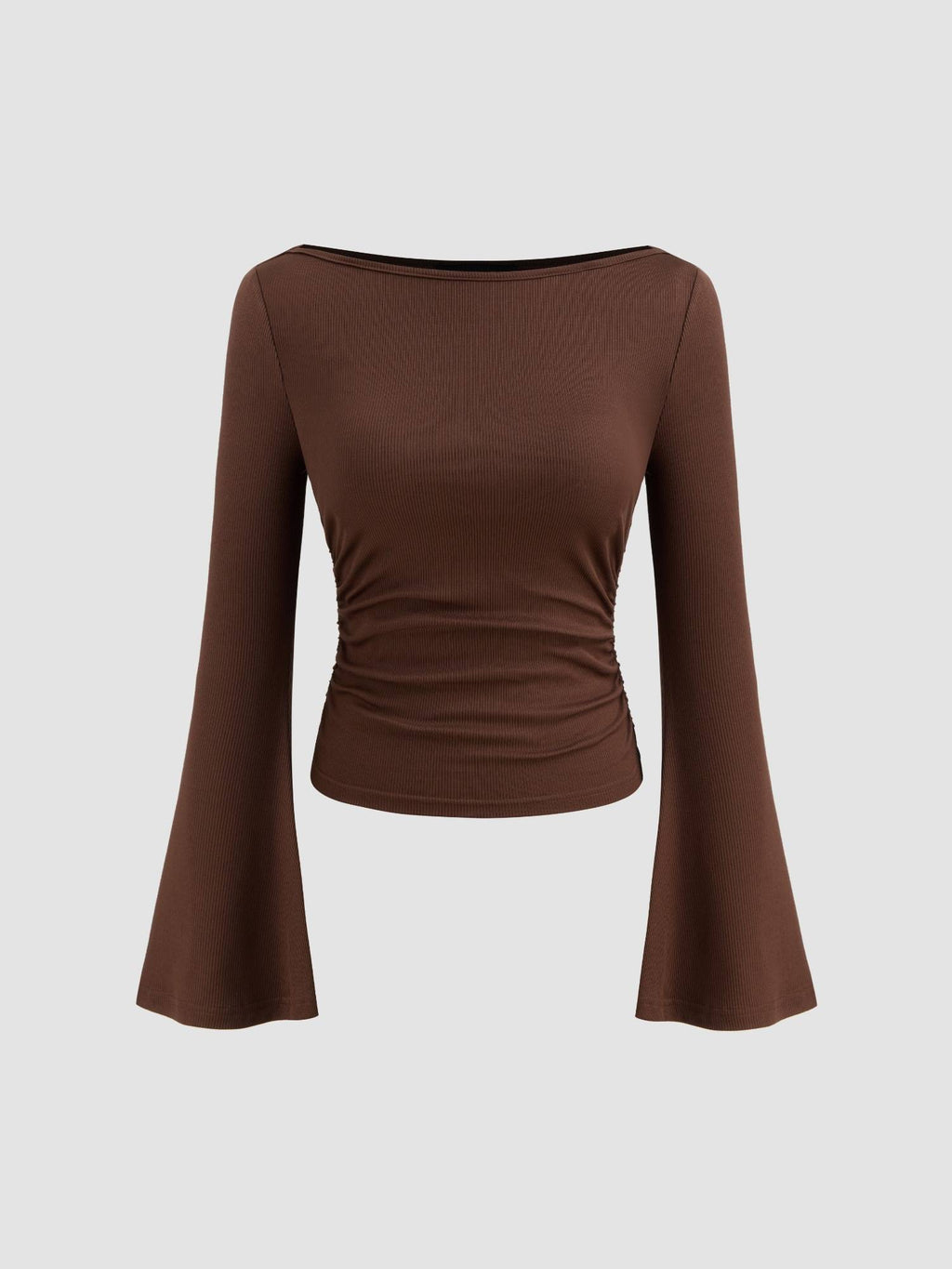 Boat Neck Solid Ruched Long Sleeve Tee | TS56 - view 1