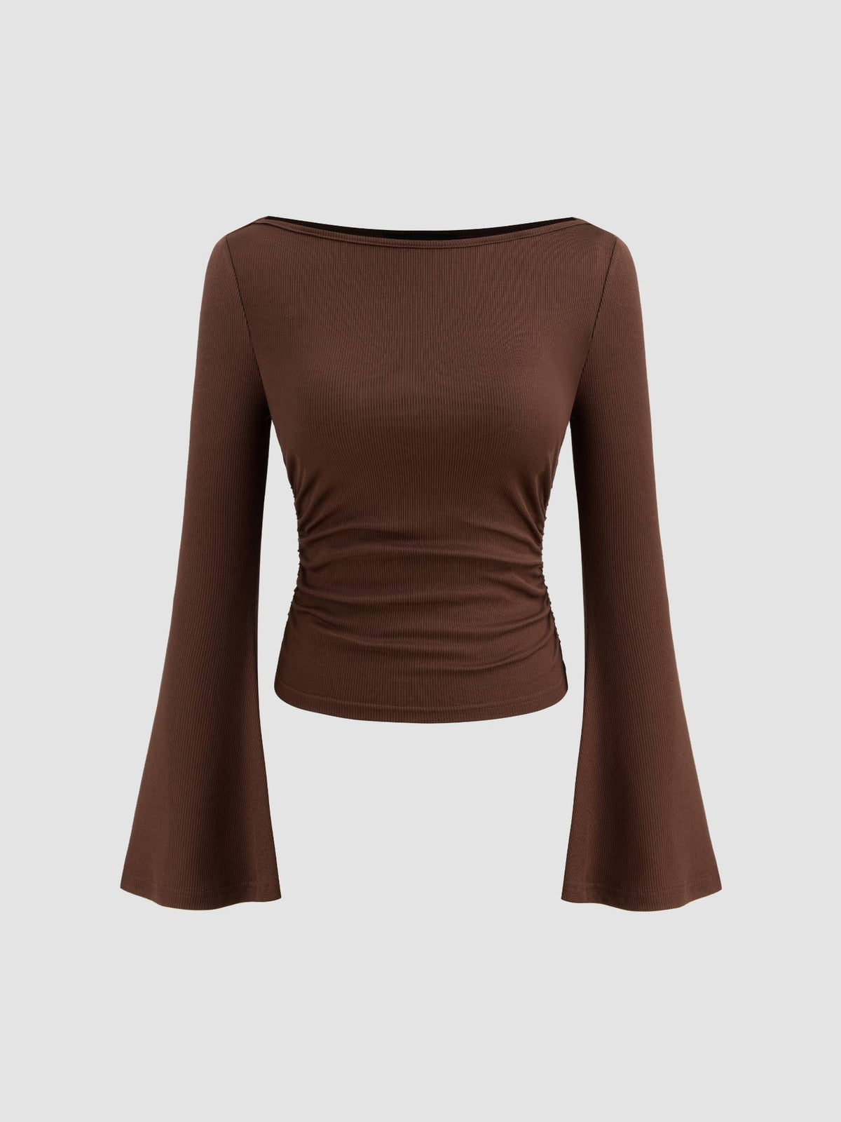 Boat Neck Solid Ruched Long Sleeve Tee | TS56 - view 23