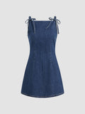 Stretch Denim Solid Zipper Knotted Mini Dress | D56 - view 1