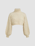 Cable Knit Turtleneck Solid Long Sleeve Crop Top | CT61 - view 1