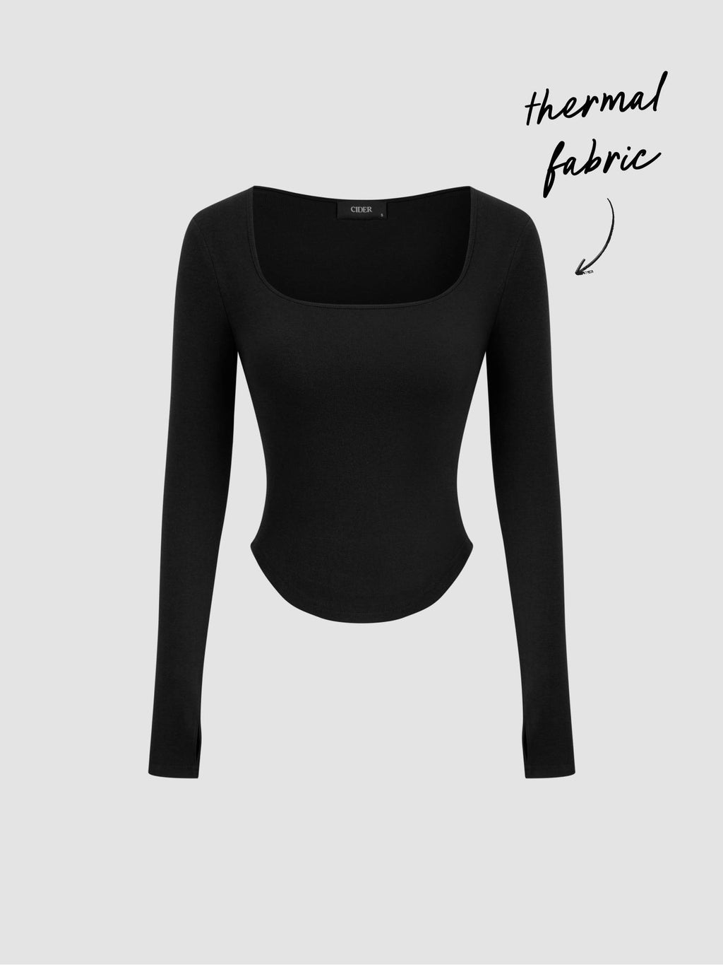 Thermal Cotton-blend Square Neck Solid Thumb Hole Long Sleeve Tee | TS56 - view 1