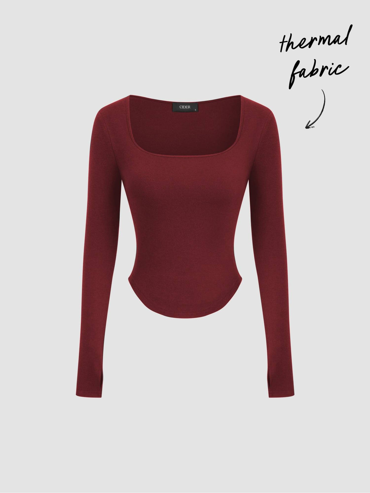 Thermal Cotton-blend Square Neck Solid Thumb Hole Long Sleeve Tee | TS56 - view 7