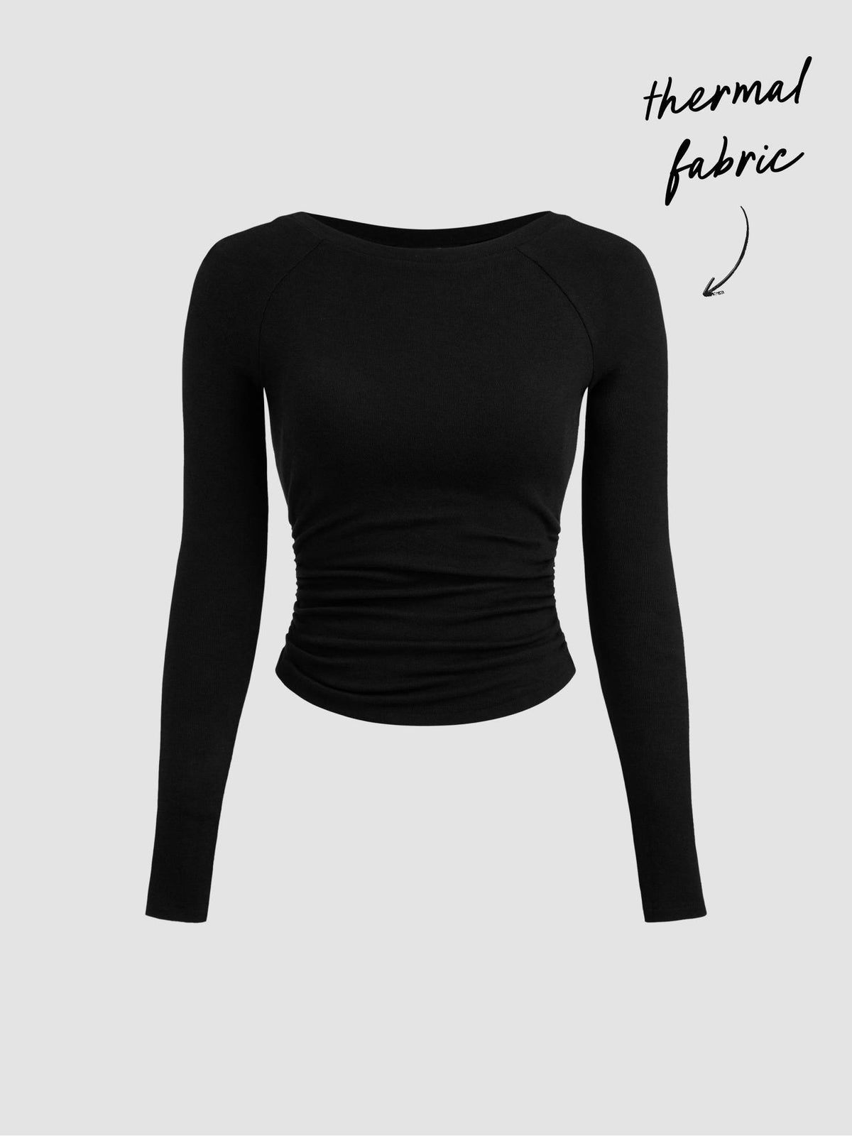 Thermal Cotton-blend Boat Neck Solid Ruched Long Sleeve Tee | TS56 - view 6