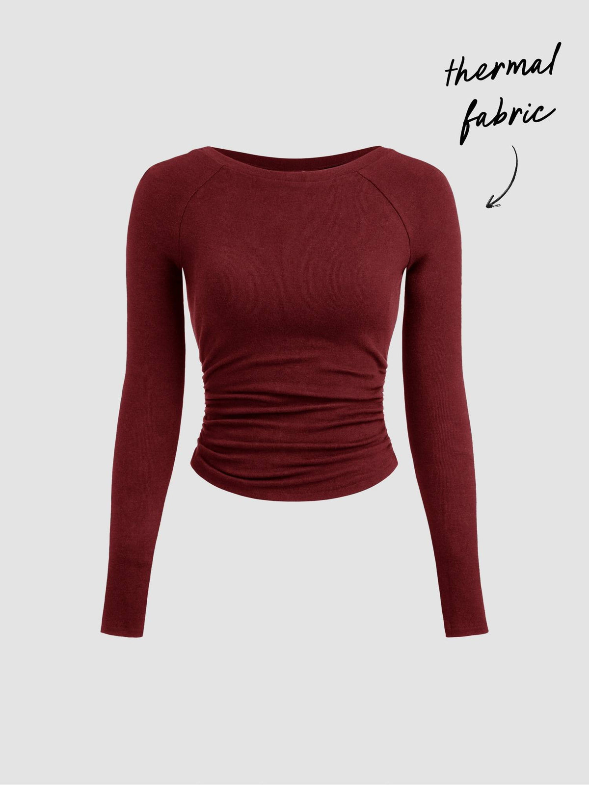 Thermal Cotton-blend Boat Neck Solid Ruched Long Sleeve Tee | TS56 - view 29