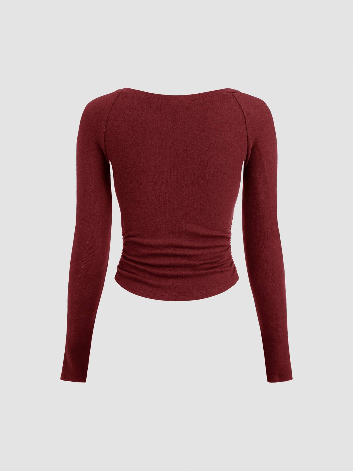 Thermal Cotton-blend Boat Neck Solid Ruched Long Sleeve Tee | TS56 - view 5