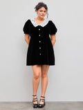 Velvet V-neck Solid Button Mini Dress Curve & Plus | D56 - view 1