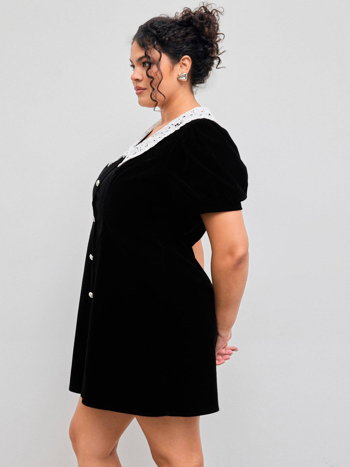 Velvet V-neck Solid Button Mini Dress Curve & Plus | D56 - view 3
