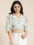 Womens Shirt Noted Lapel Half Sleeves Floral Shirt Style Green Crop Top | CT61 - view 1