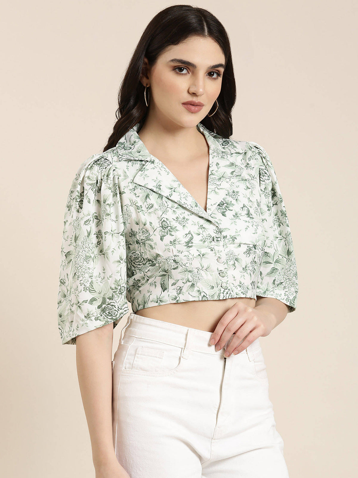 Womens Shirt Noted Lapel Half Sleeves Floral Shirt Style Green Crop Top | CT61 - view 3