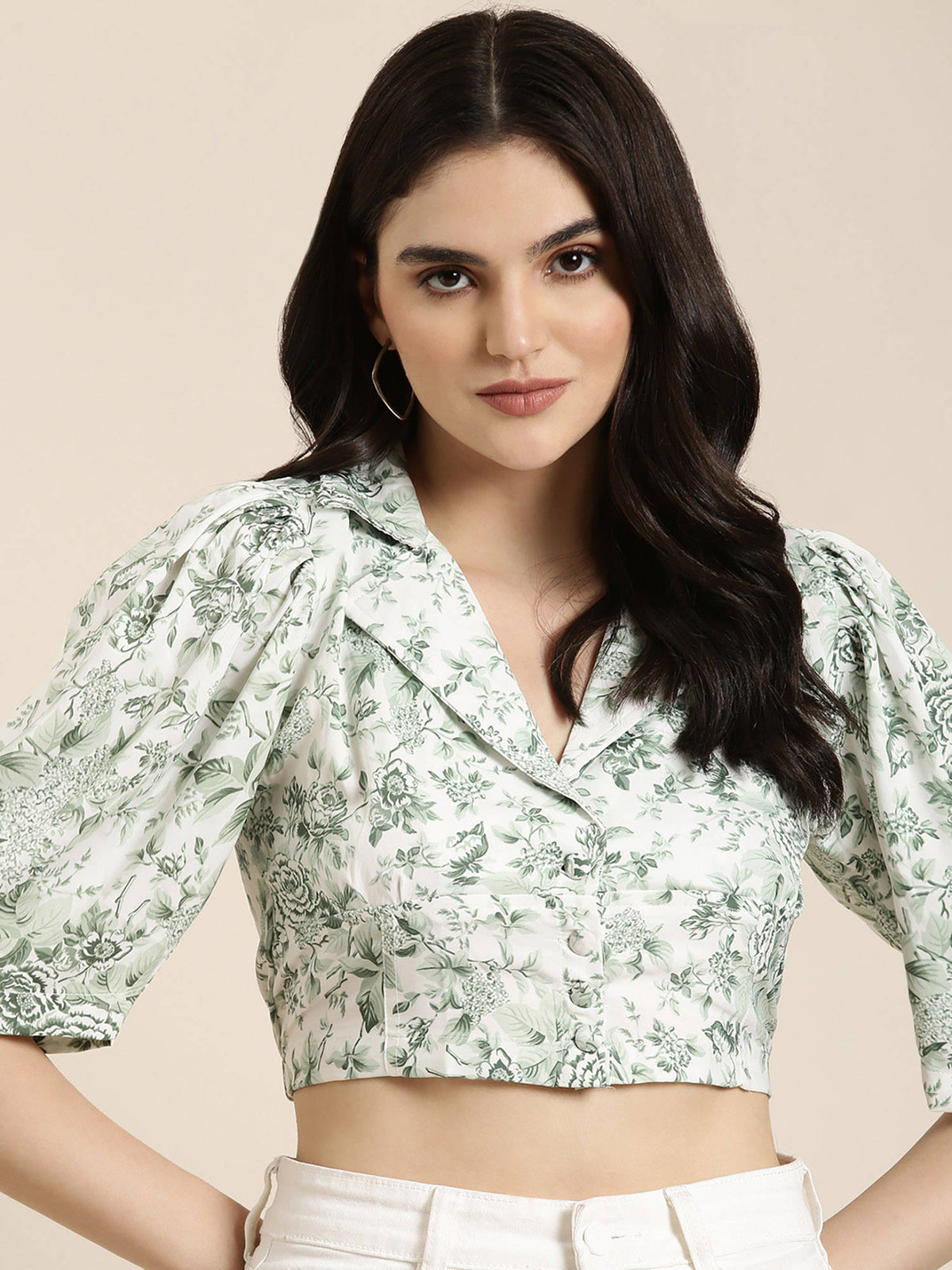 Womens Shirt Noted Lapel Half Sleeves Floral Shirt Style Green Crop Top | CT61 - view 4