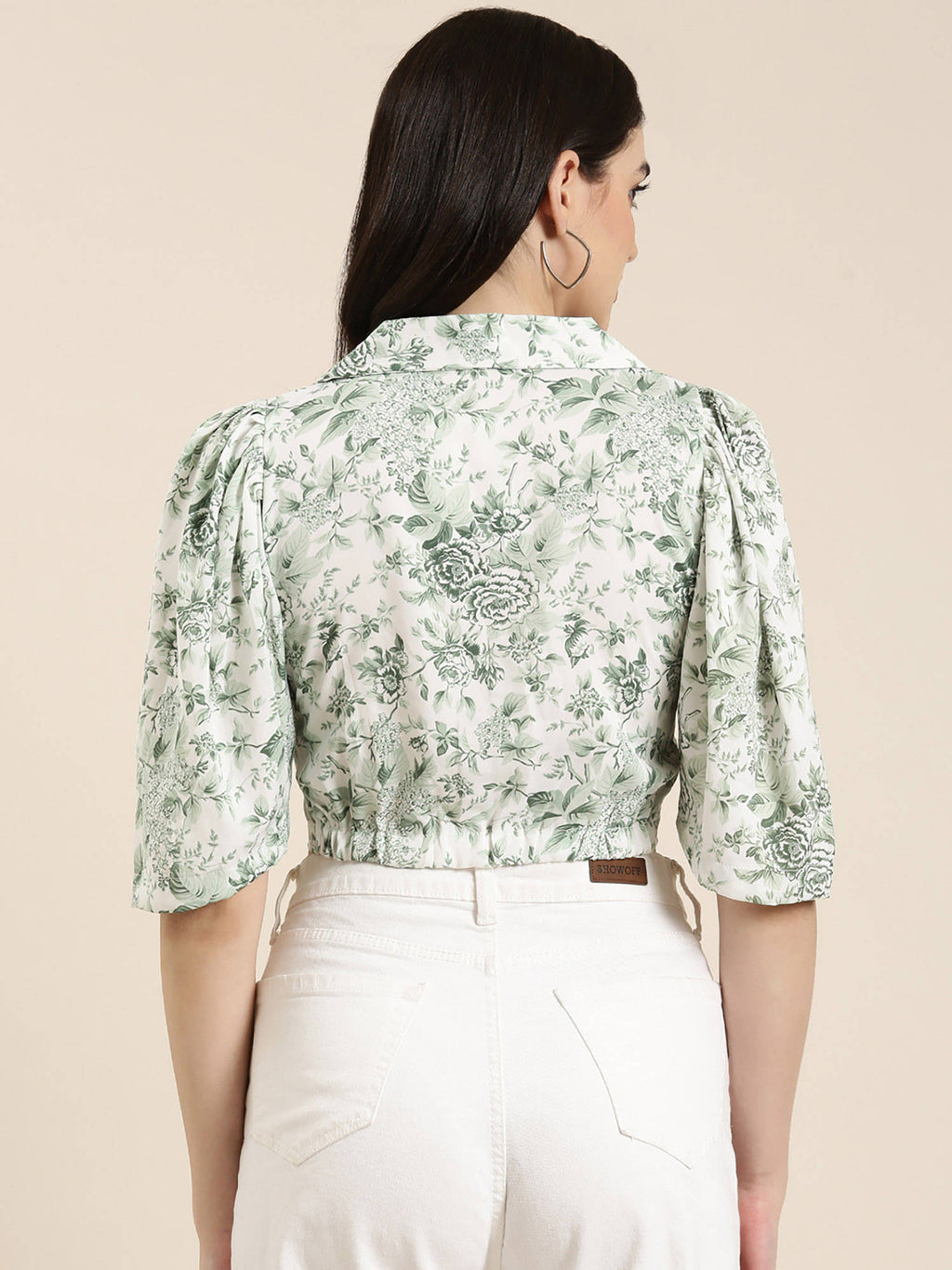 Womens Shirt Noted Lapel Half Sleeves Floral Shirt Style Green Crop Top | CT61 - view 5