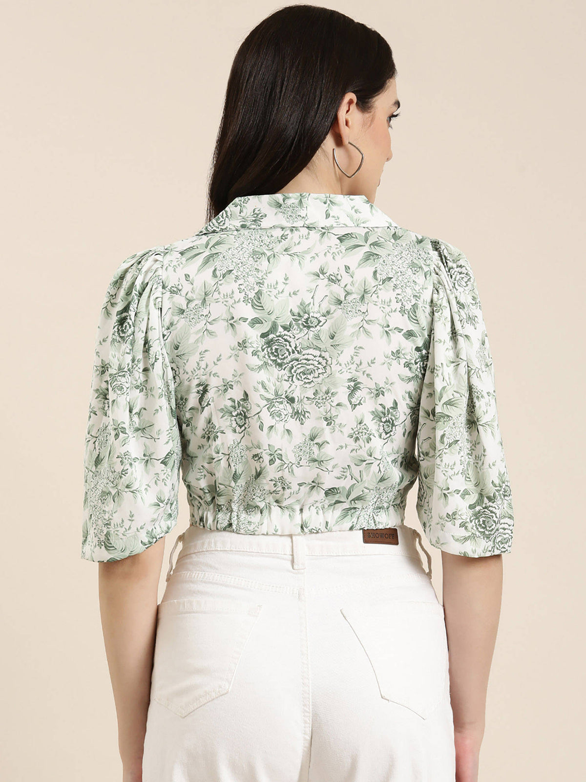 Womens Shirt Noted Lapel Half Sleeves Floral Shirt Style Green Crop Top | CT61 - view 5