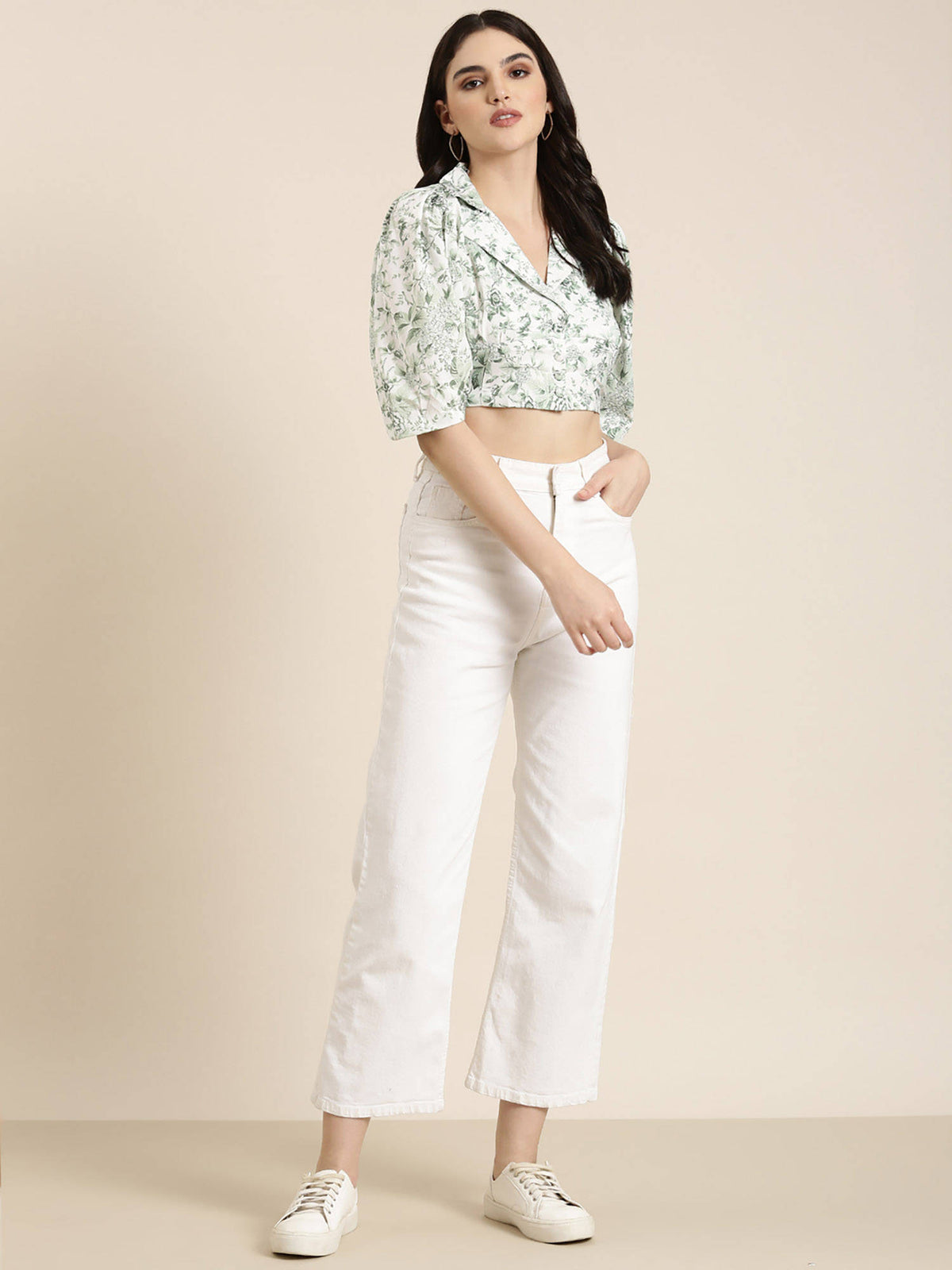 Womens Shirt Noted Lapel Half Sleeves Floral Shirt Style Green Crop Top | CT61 - view 6