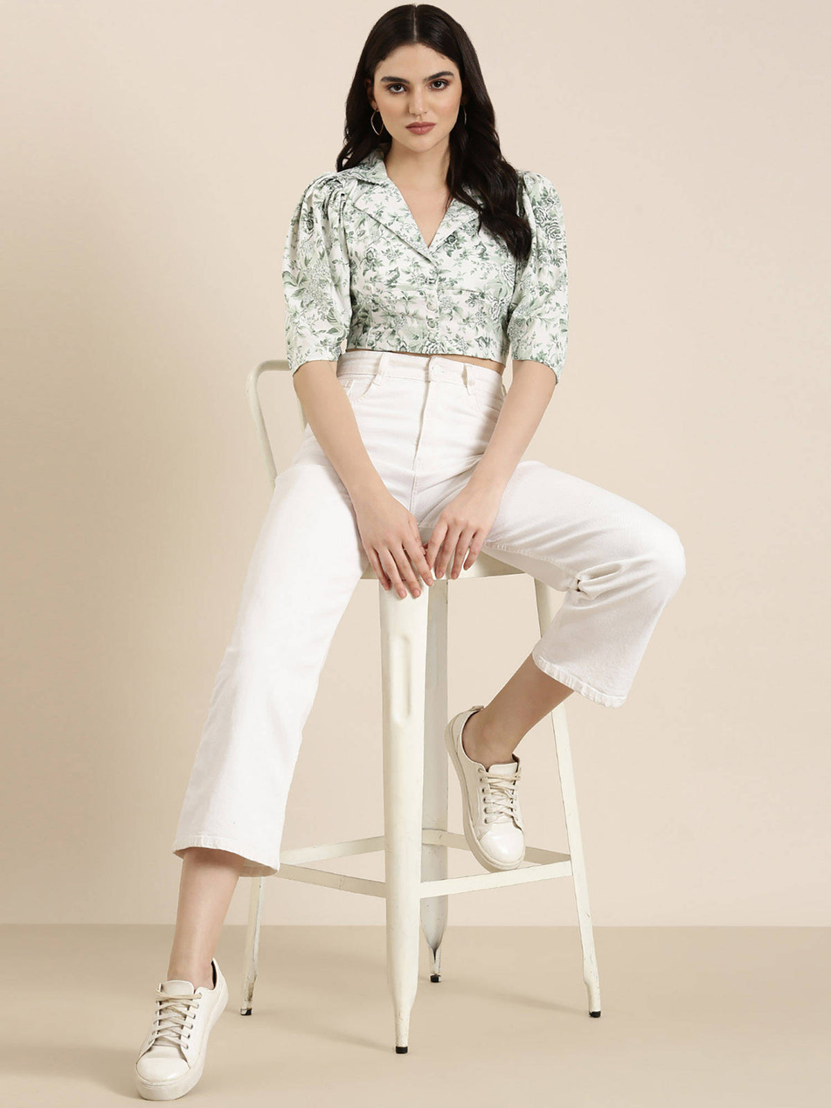Womens Shirt Noted Lapel Half Sleeves Floral Shirt Style Green Crop Top | CT61 - view 7