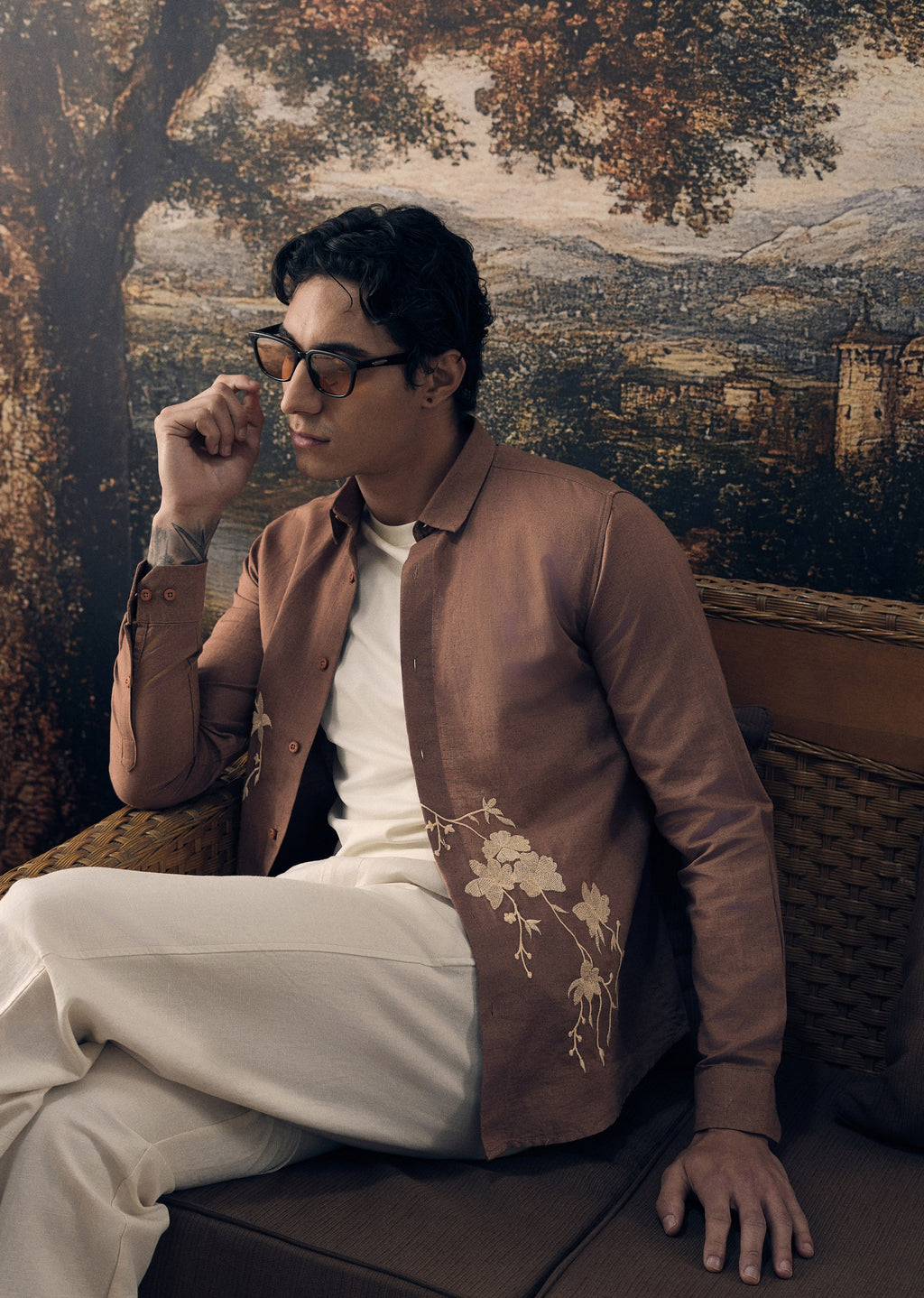 Brown Floral Embroidered Regular Fit Shirt