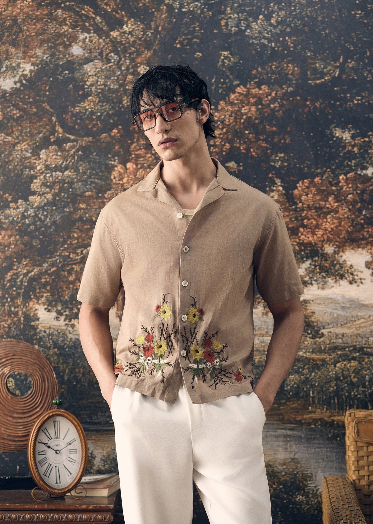 Tan Floral Embroidery Cotton Linen Shirt