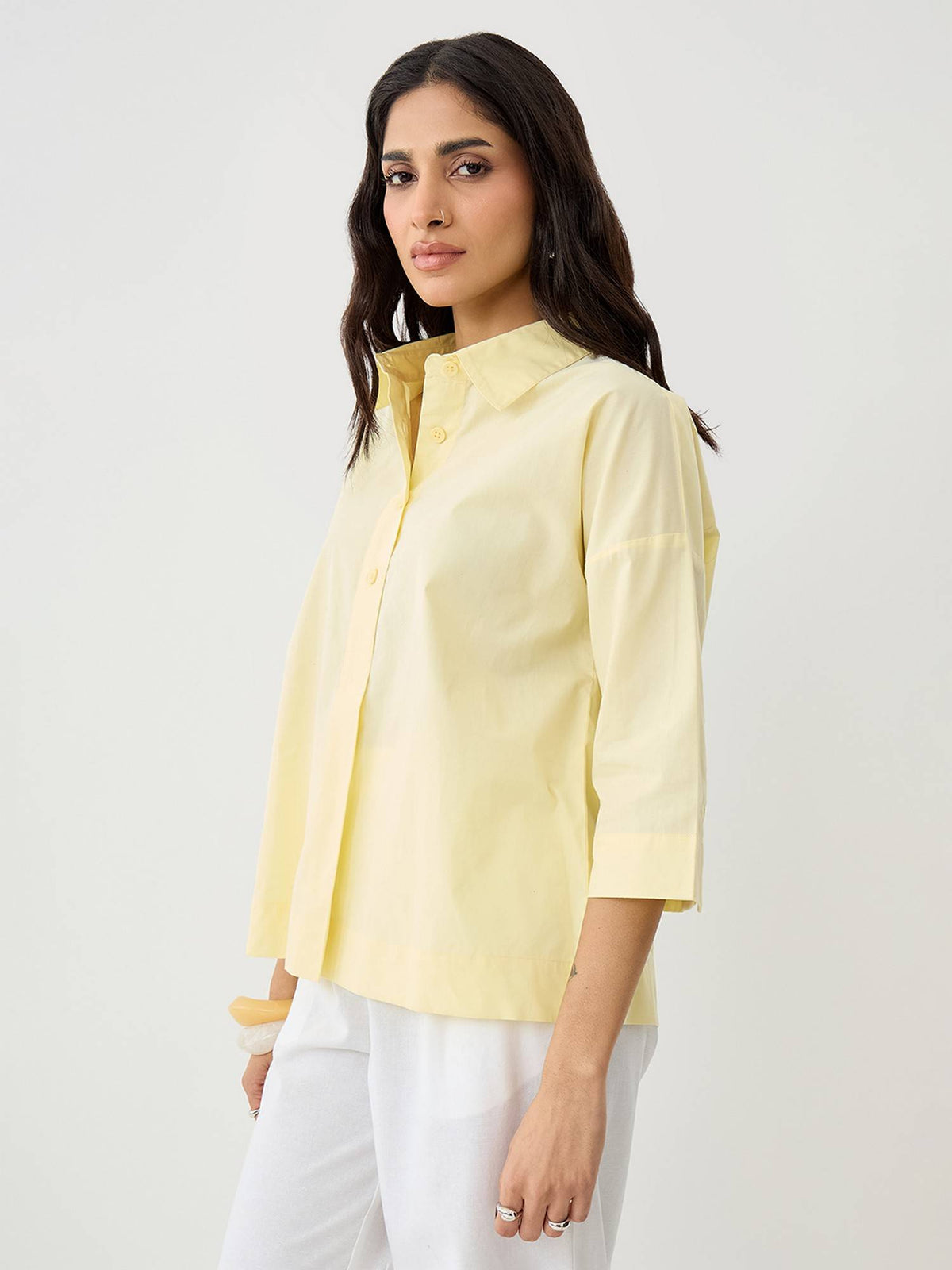 Butter Yellow Poplin Pleat Detail Shirt | S67 - view 1
