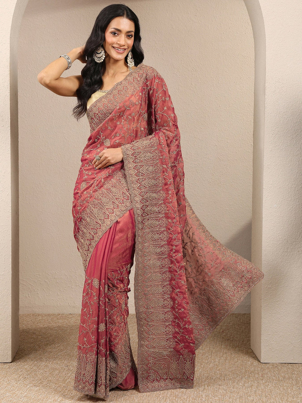 Libas Peach Embroidered Silk Blend Saree With Unstitched Blouse Piece S45