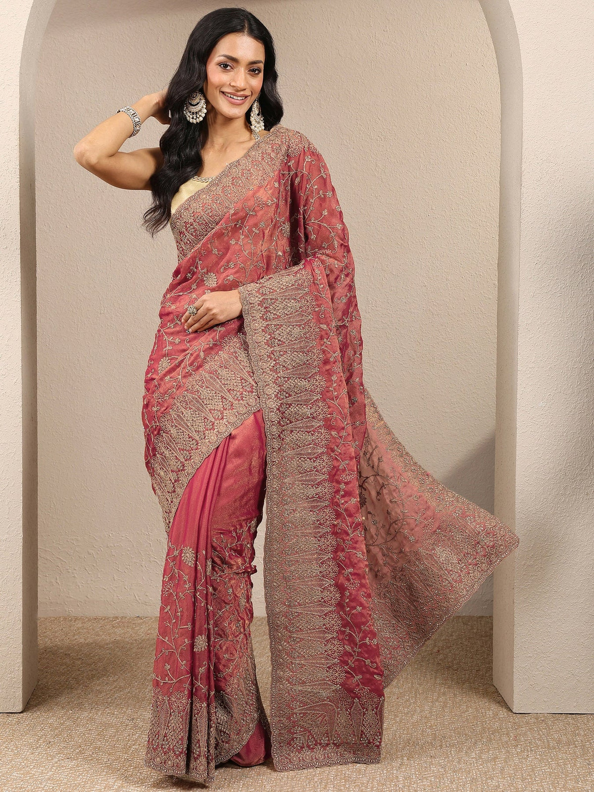 Libas Peach Embroidered Silk Blend Saree With Unstitched Blouse Piece S45