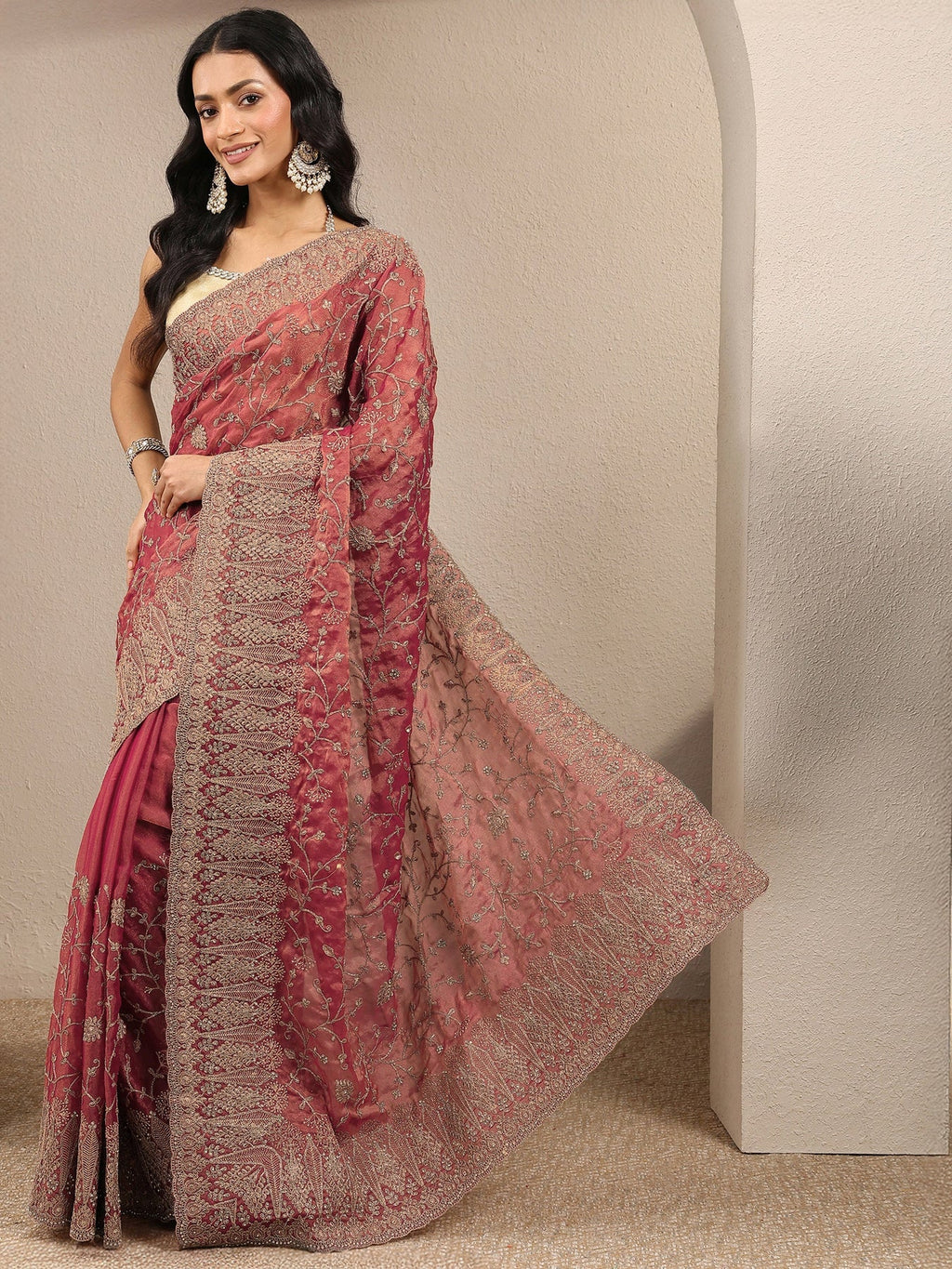 Libas Peach Embroidered Silk Blend Saree With Unstitched Blouse Piece S45