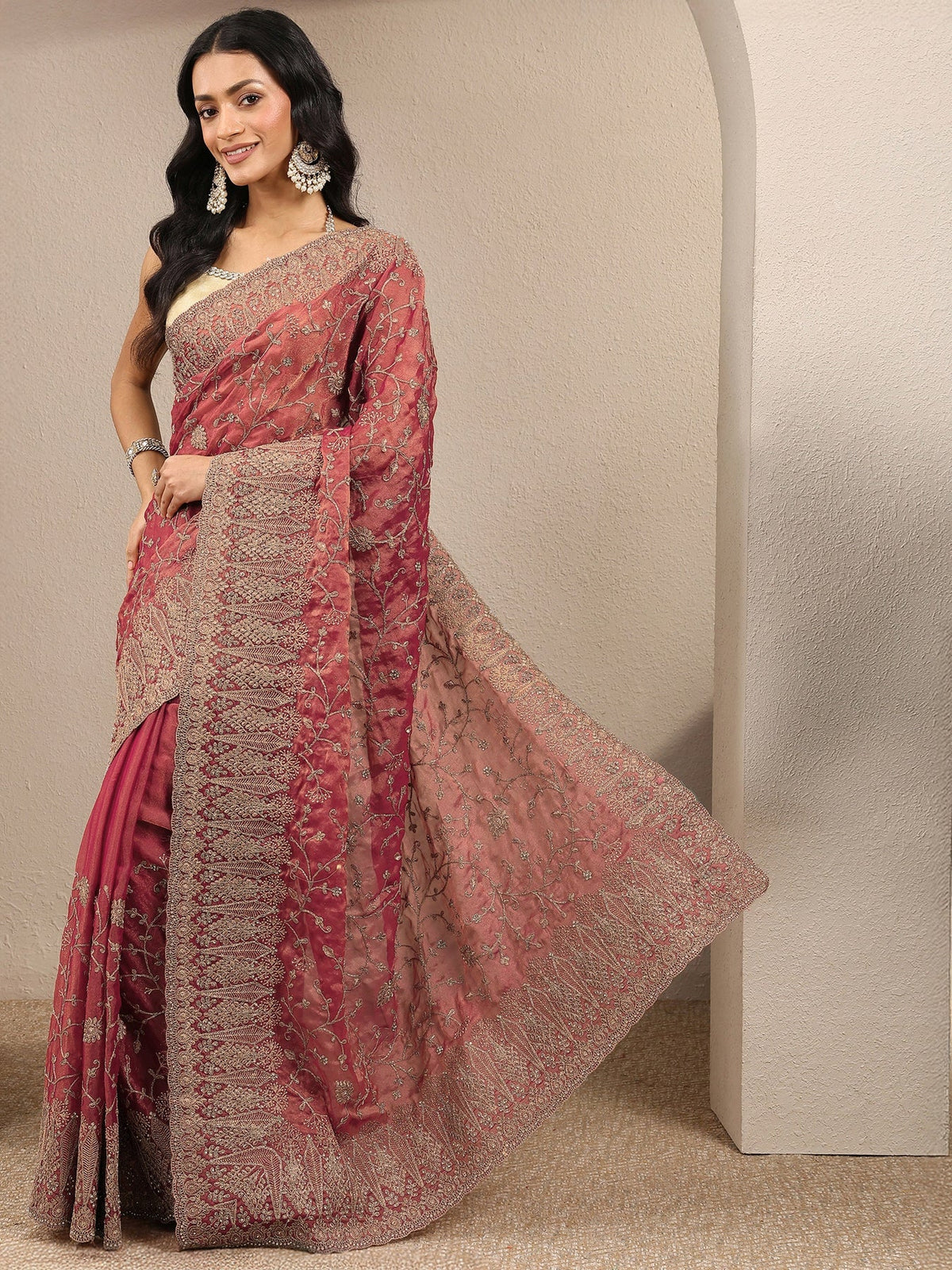 Libas Peach Embroidered Silk Blend Saree With Unstitched Blouse Piece S45