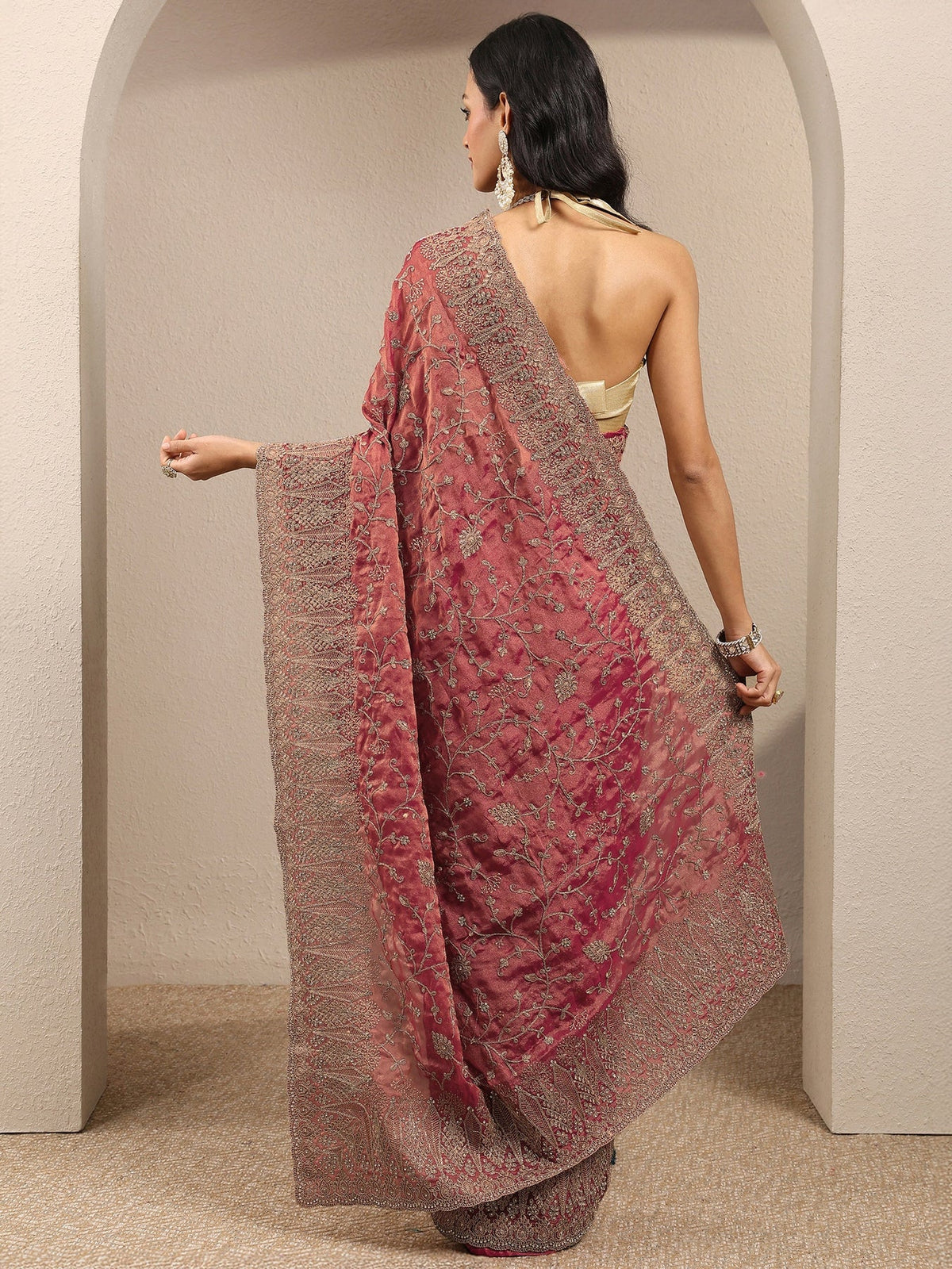 Libas Peach Embroidered Silk Blend Saree With Unstitched Blouse Piece S45