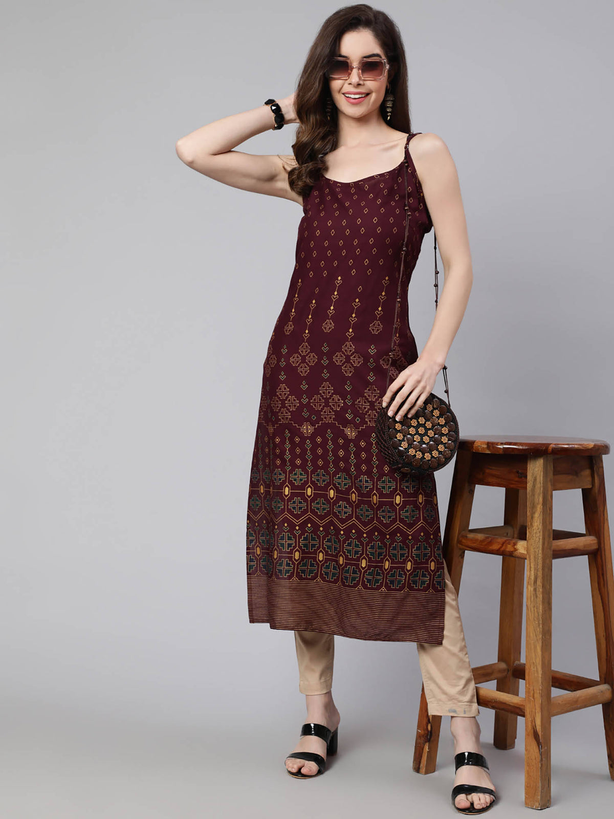 Women Dark Brown Rayon Printed Calf Length Straight Kurta | FY93 - view 1