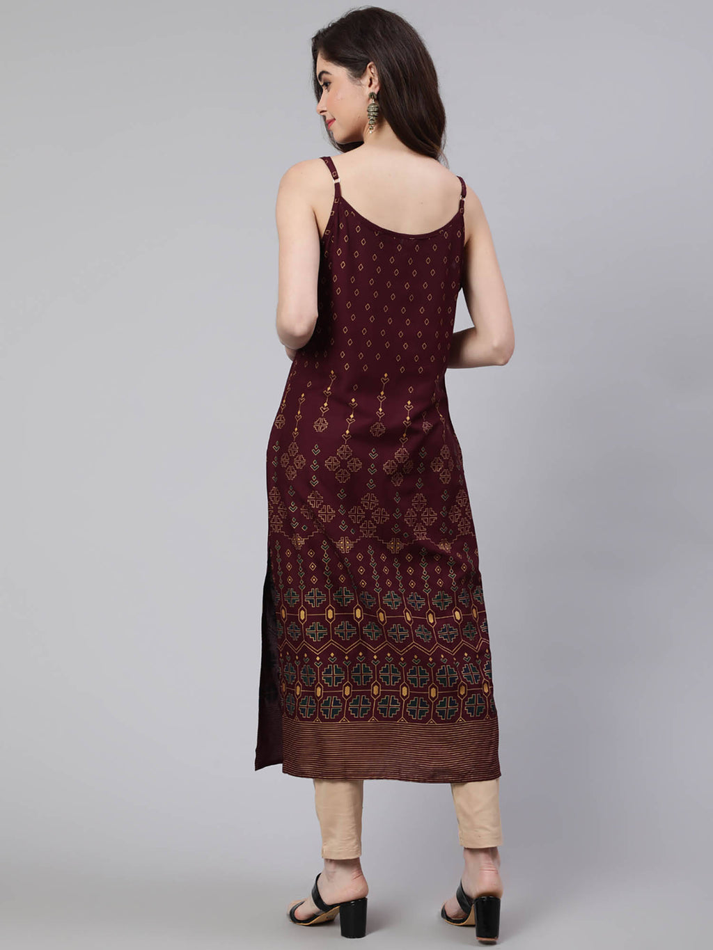 Women Dark Brown Rayon Printed Calf Length Straight Kurta | KDG - view 2