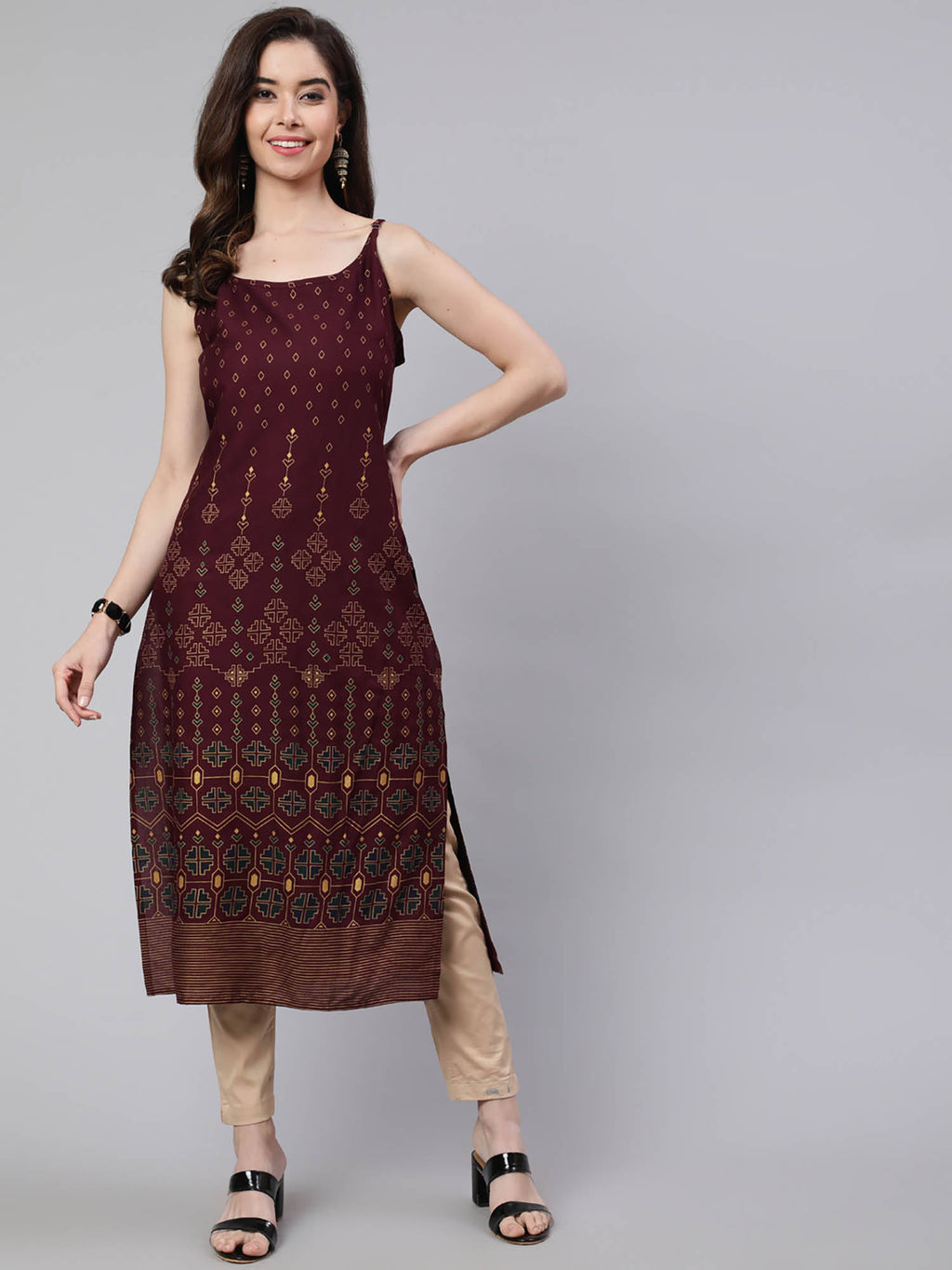 Women Dark Brown Rayon Printed Calf Length Straight Kurta | KDG - view 3