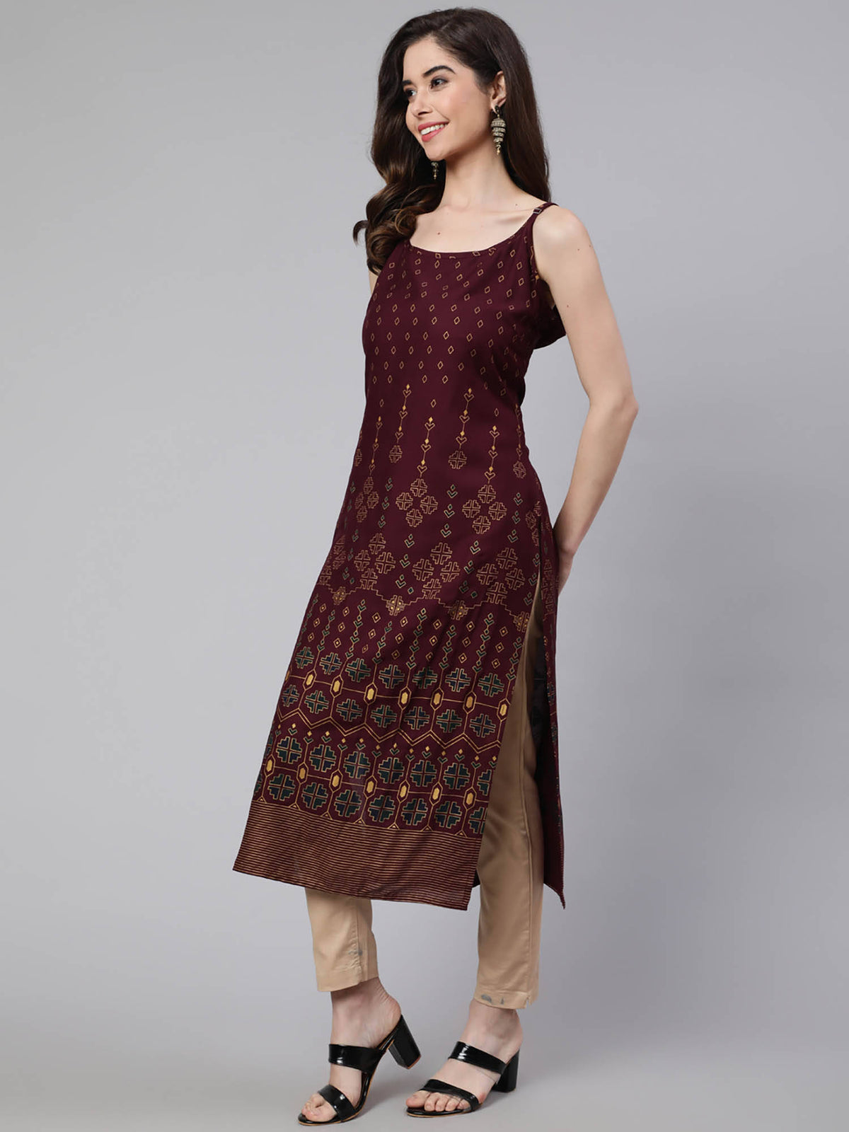 Women Dark Brown Rayon Printed Calf Length Straight Kurta | KDG - view 4