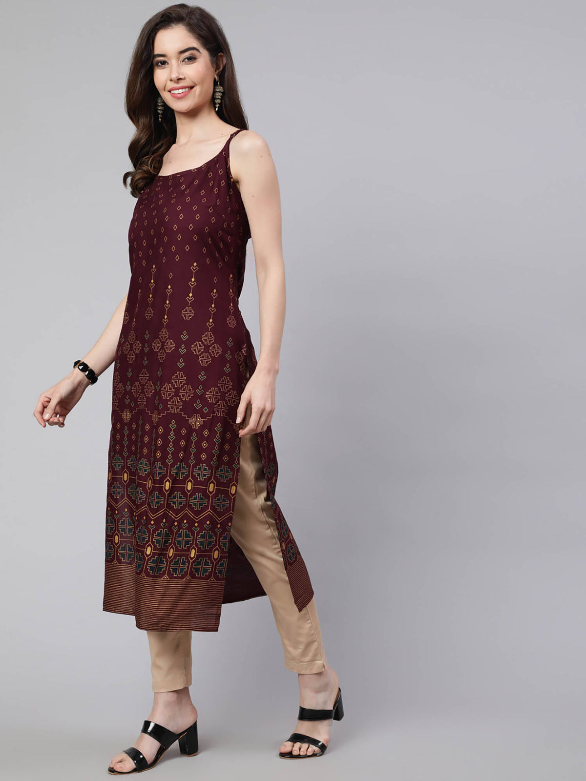 Women Dark Brown Rayon Printed Calf Length Straight Kurta | U3S - view 5