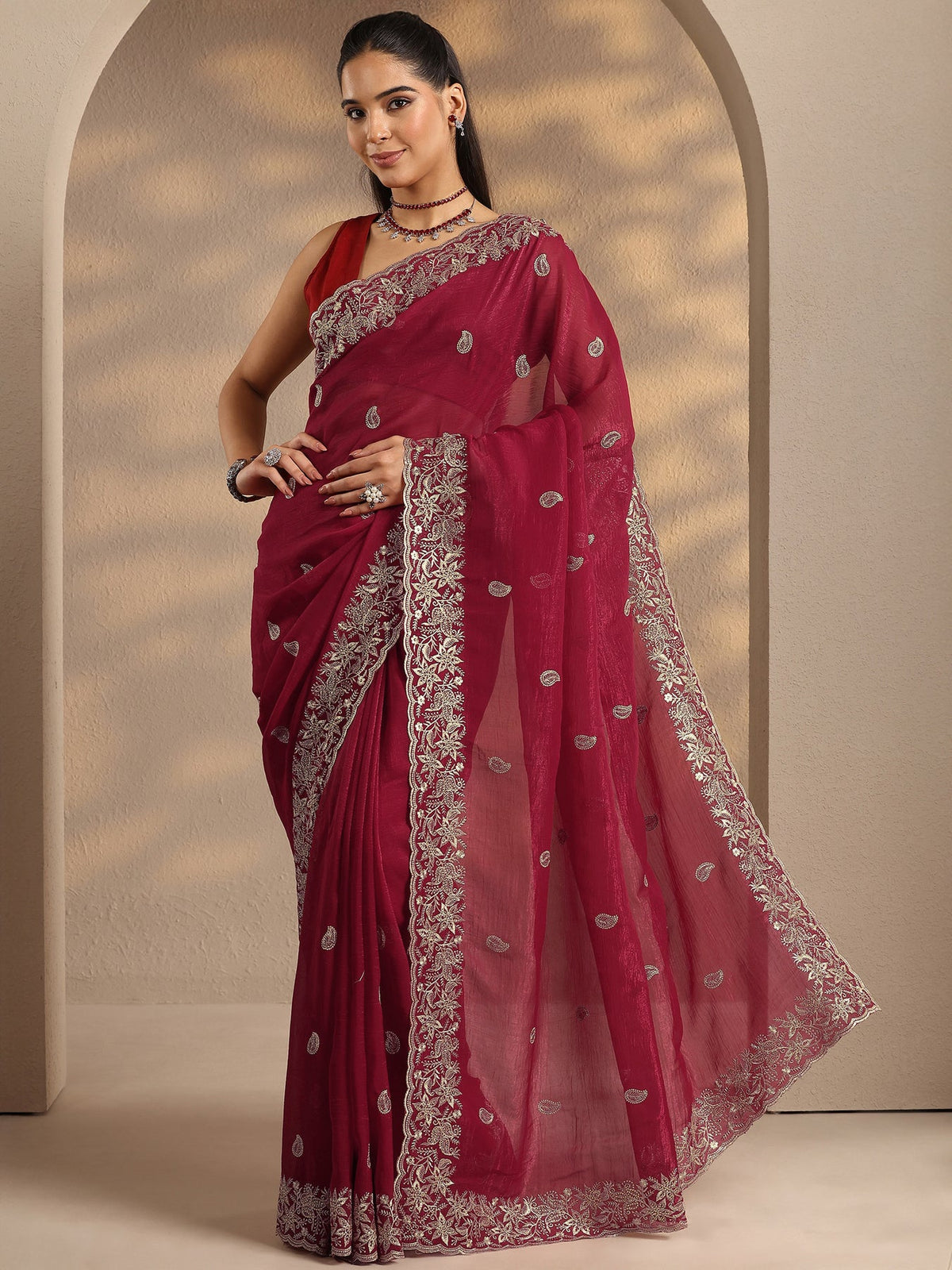 Libas Red Paisley Embroidered Silk Blend Saree With Unstitched Blouse Piece S45