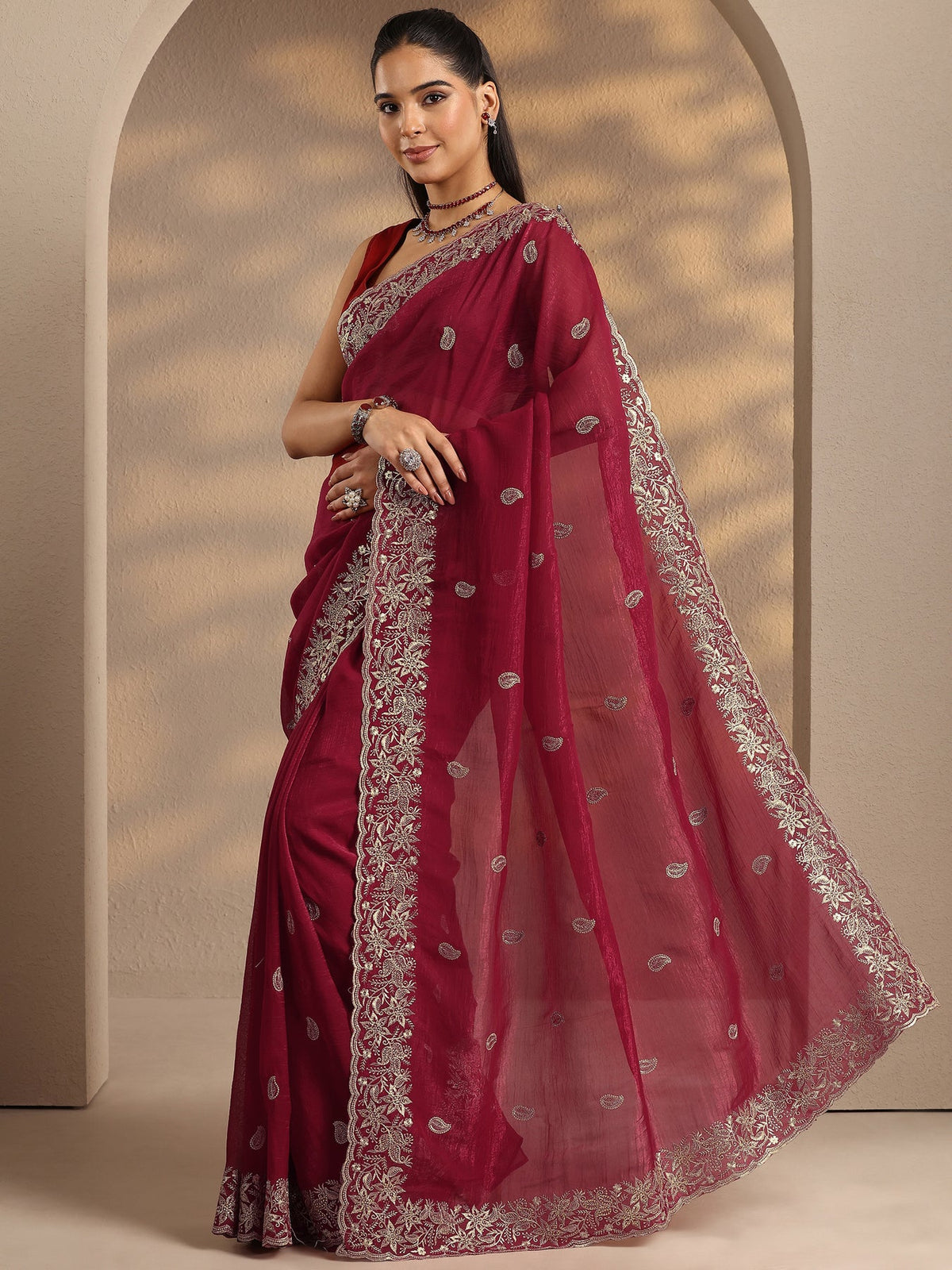 Libas Red Paisley Embroidered Silk Blend Saree With Unstitched Blouse Piece S45