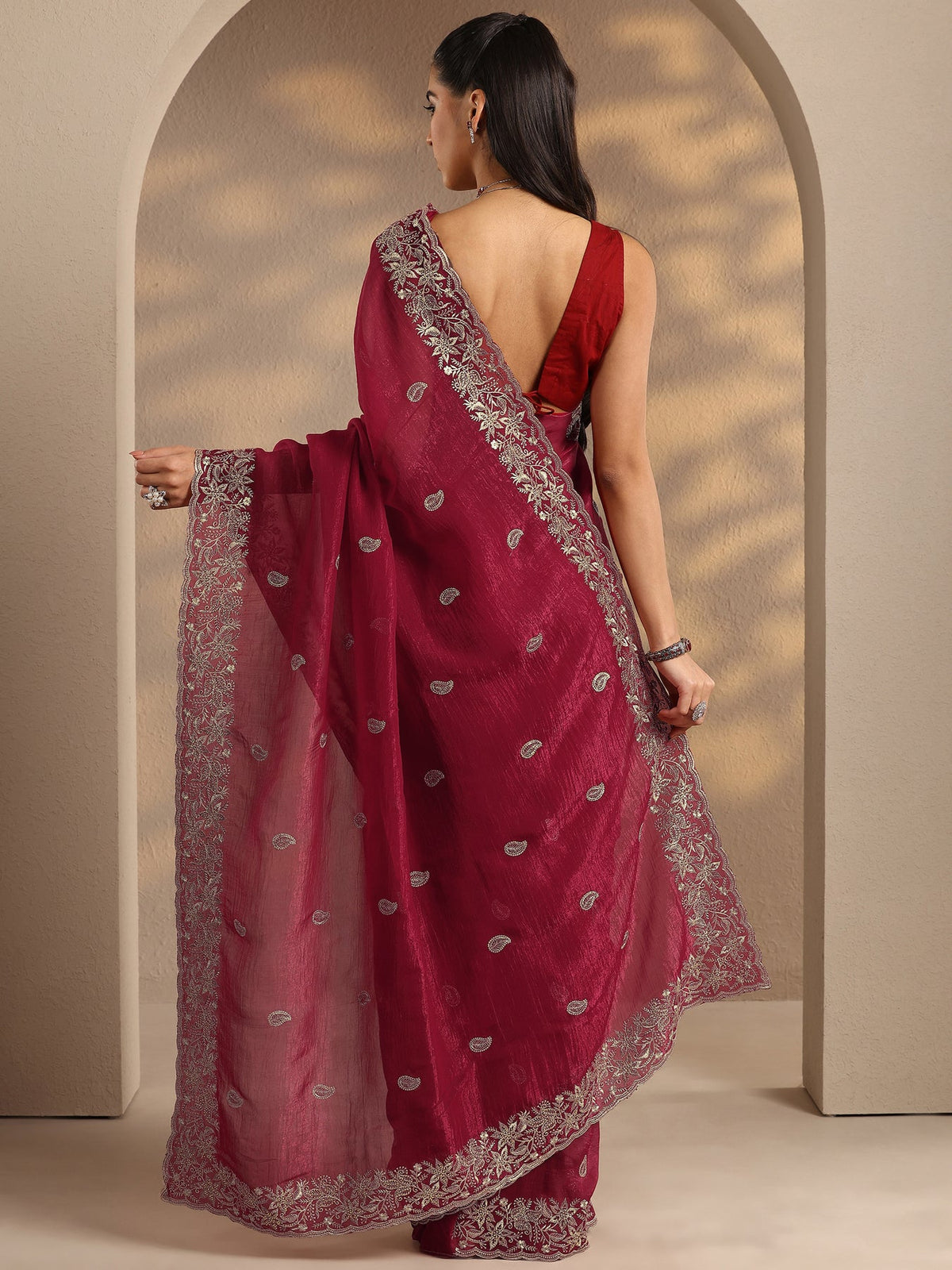 Libas Red Paisley Embroidered Silk Blend Saree With Unstitched Blouse Piece S45