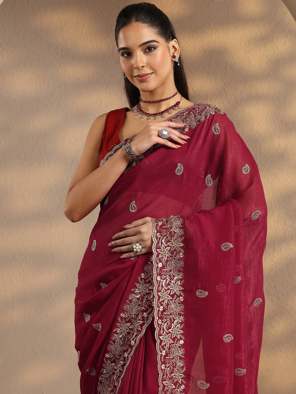 Libas Red Paisley Embroidered Silk Blend Saree With Unstitched Blouse Piece S45