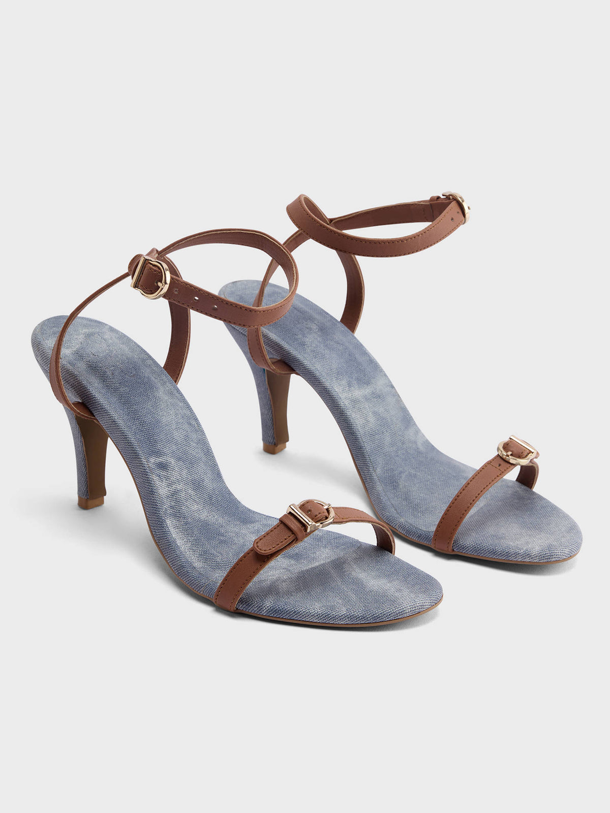 Tan Faux Denim Belt Detail Ankle Strap Stiletto Heels for Women | H78 - view 2
