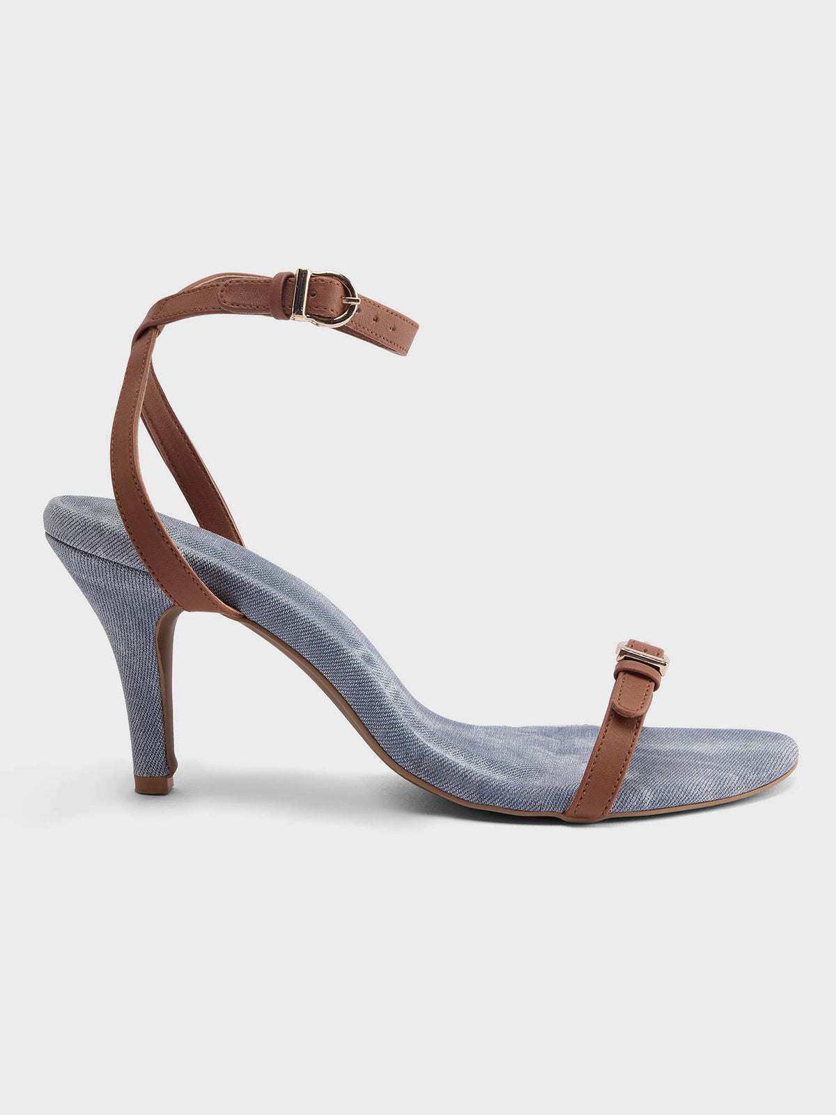 Tan Faux Denim Belt Detail Ankle Strap Stiletto Heels for Women | H78 - view 3