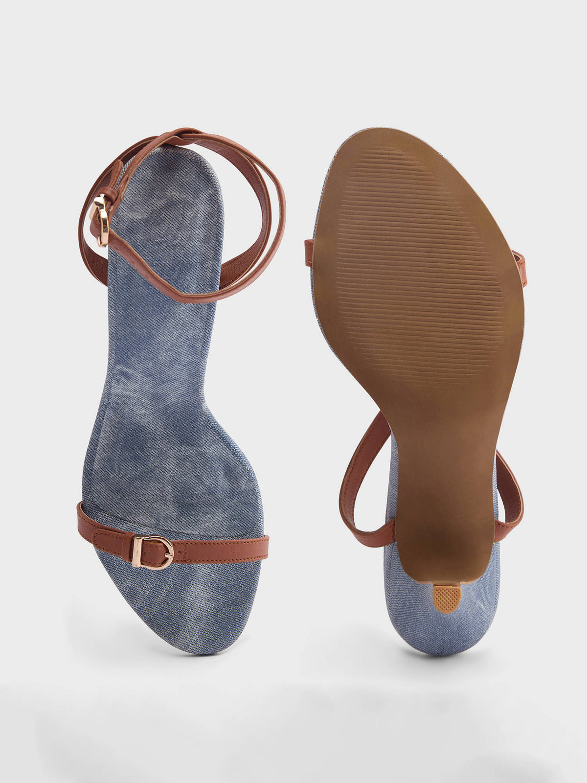 Tan Faux Denim Belt Detail Ankle Strap Stiletto Heels for Women | H78 - view 5