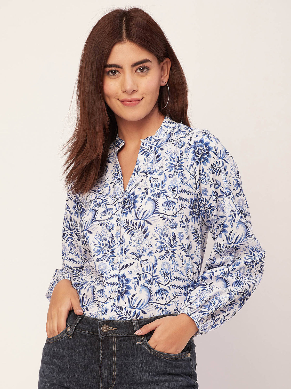 Women Comfortable Fit Poplin Floral White Shirt | S67 - view 1