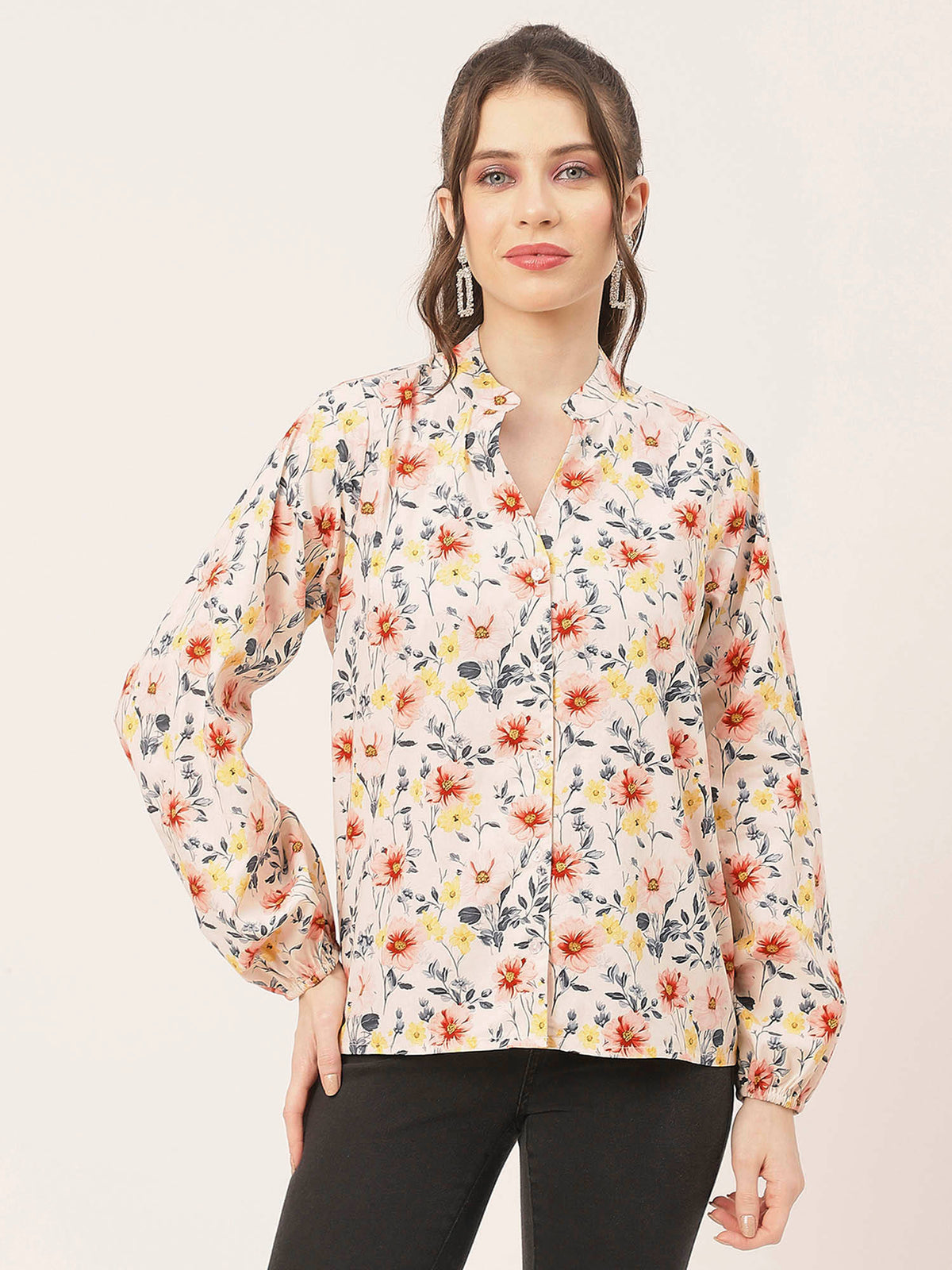 Women Comfortable Fit Poplin Floral White Shirt | S67 - view 7