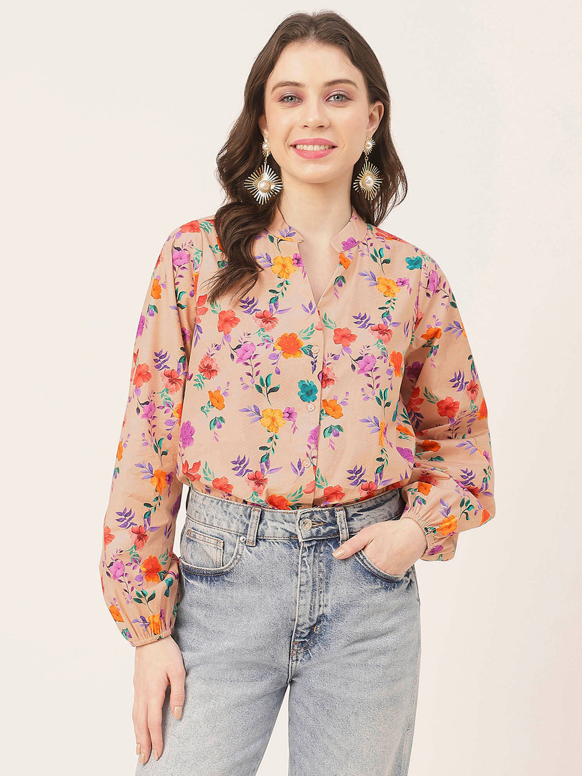 Women Comfortable Fit Poplin Floral White Shirt | S67 - view 13