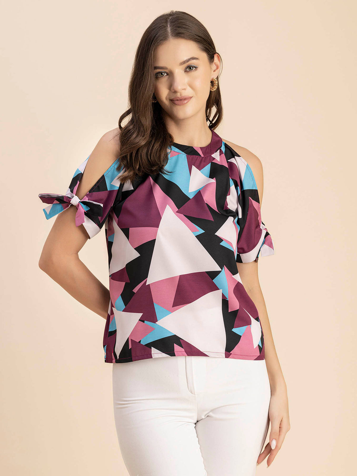Women Free Fit Polyester Geometric Multi-Color Top | HT67 - view 1