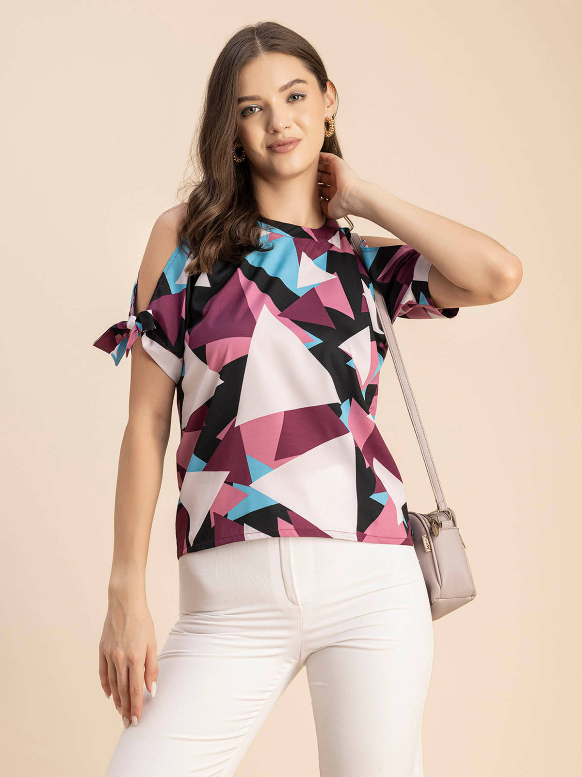 Women Free Fit Polyester Geometric Multi-Color Top | HT67 - view 4
