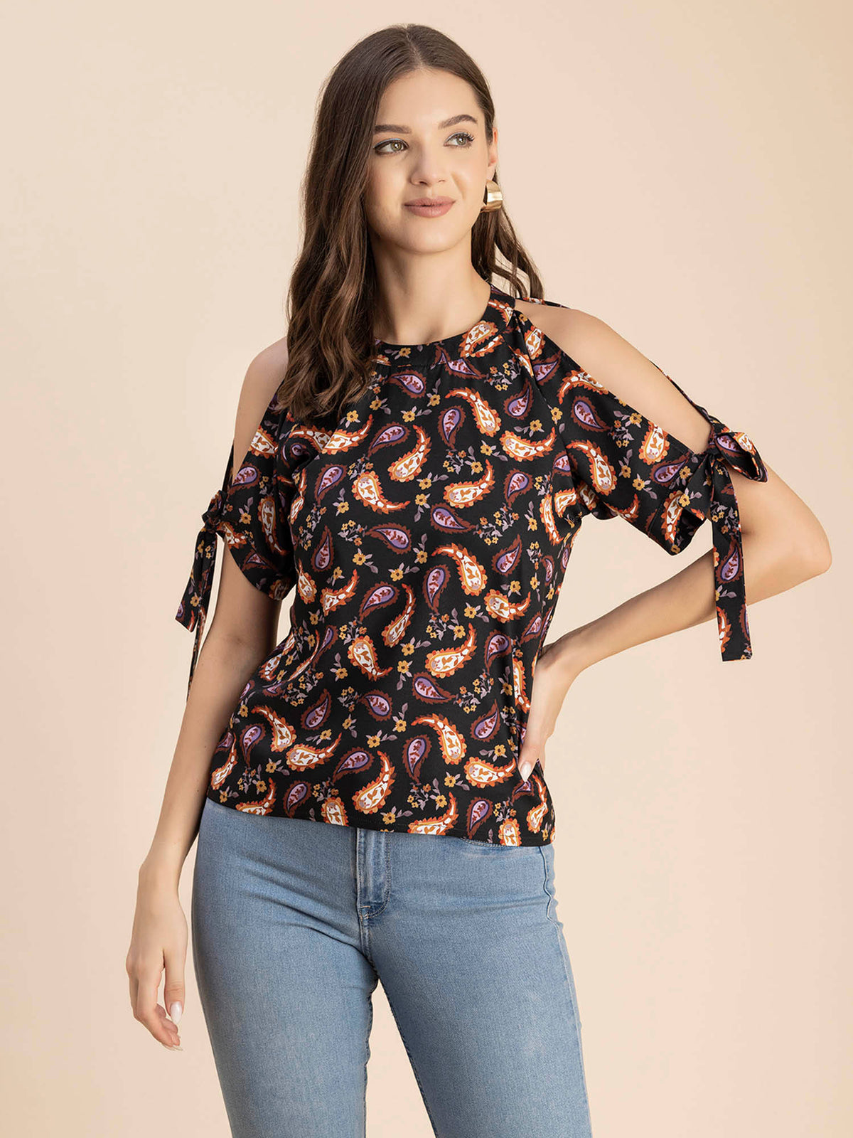 Women Free Fit Polyester Paisley Black Top | HT67 - view 1