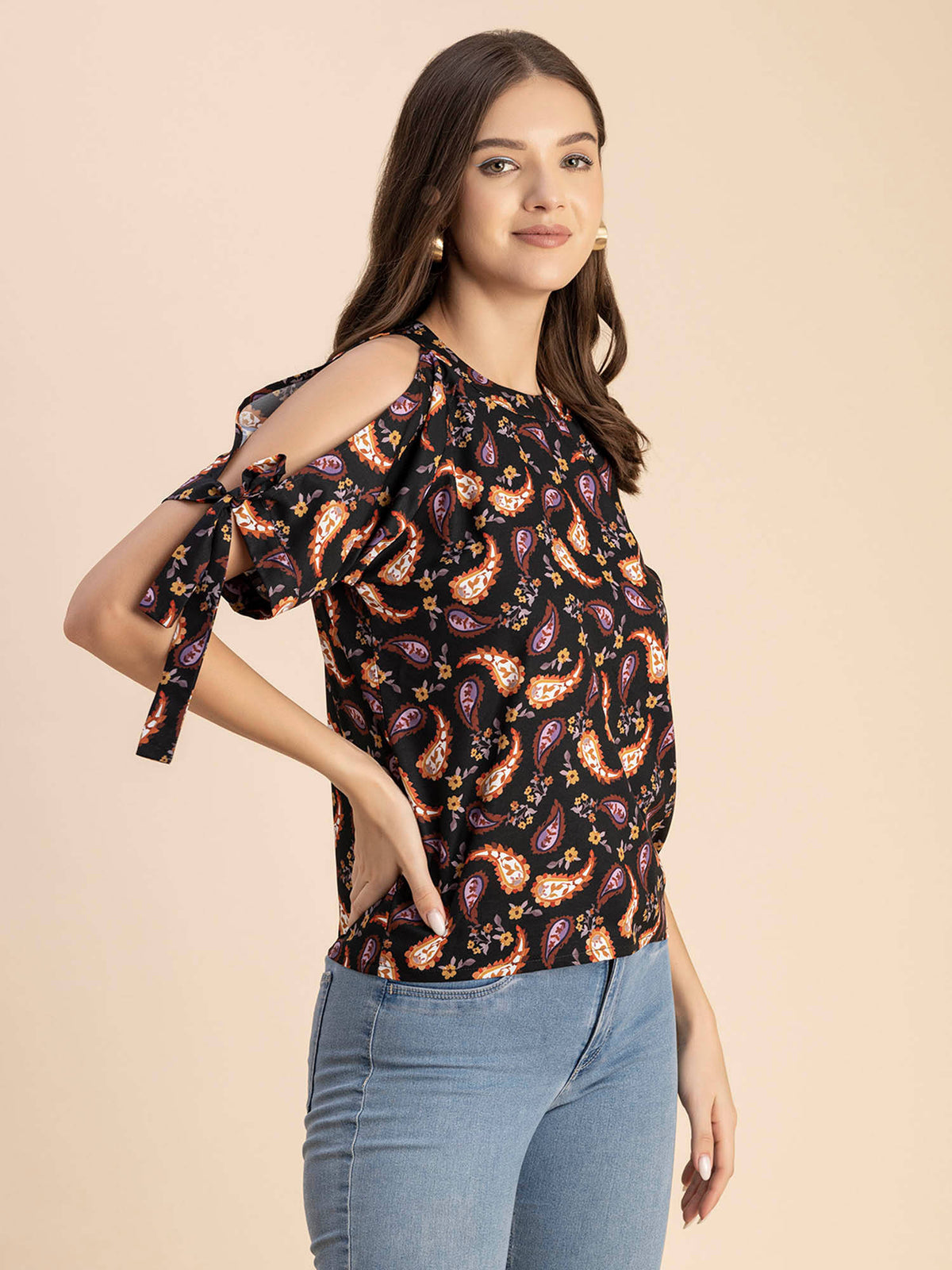 Women Free Fit Polyester Paisley Black Top | HT67 - view 2