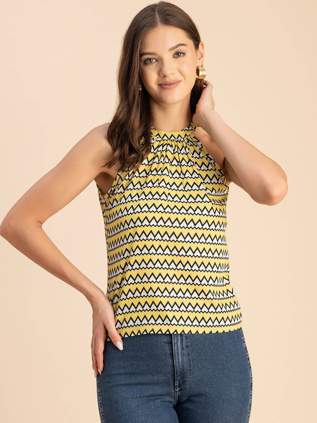 Women Free Fit Polyester Geometric Yellow Top | HT67 - view 1