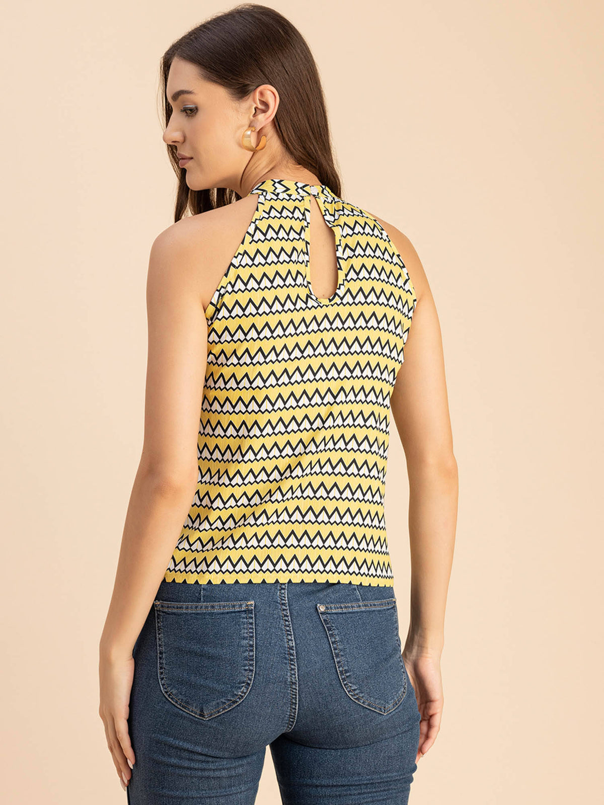Women Free Fit Polyester Geometric Yellow Top | HT67 - view 3
